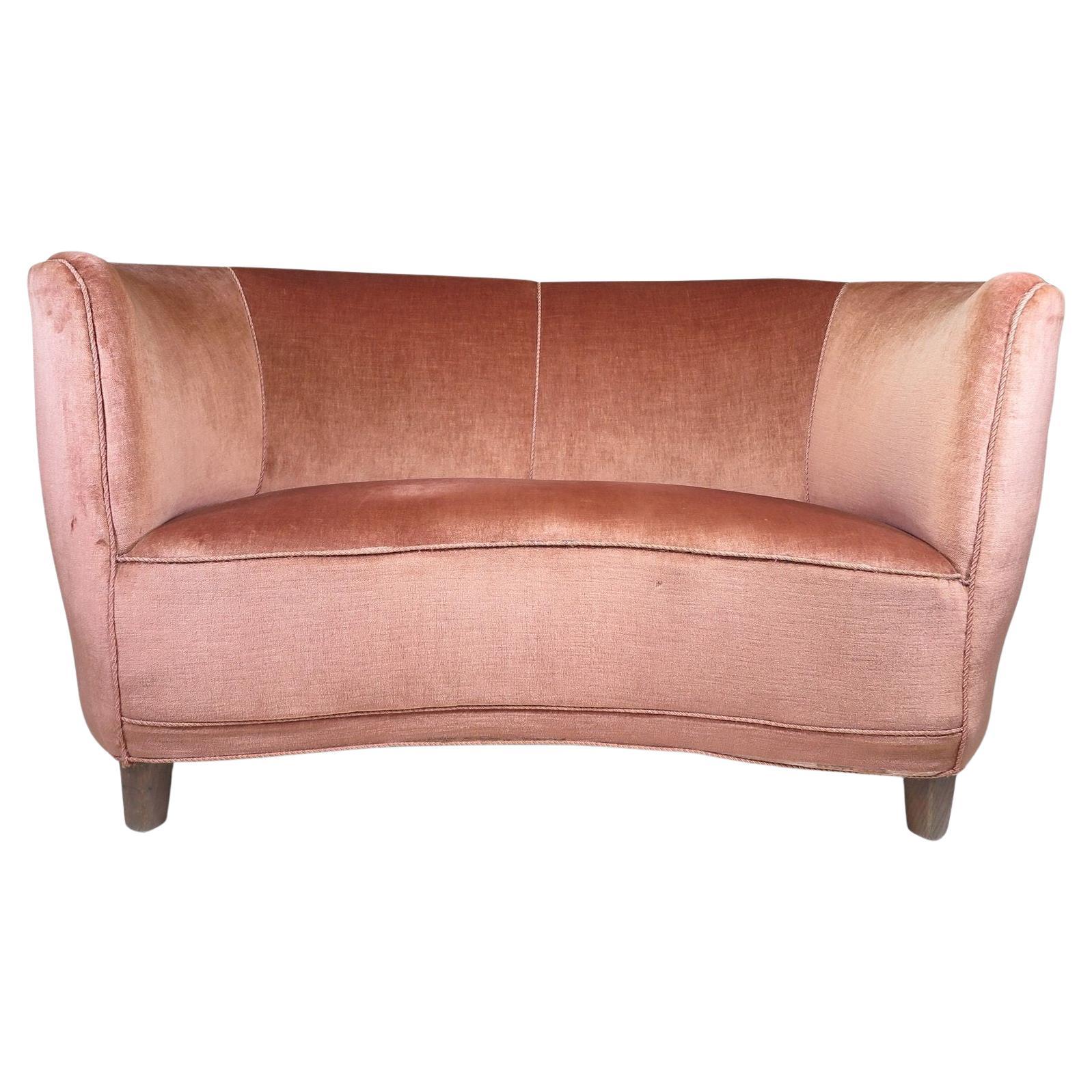 1930's Danish Deco Curved Sofa in Original Pink Mohair