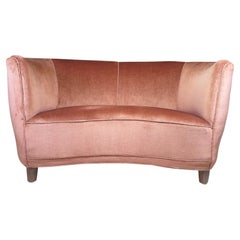 1930's Danish Deco Curved Sofa in Original Pink Mohair