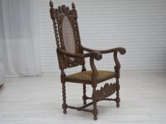Poltrona a schienale alto Wood anni '30, rete per mobili, velluto, legno di quercia intagliato a mano.