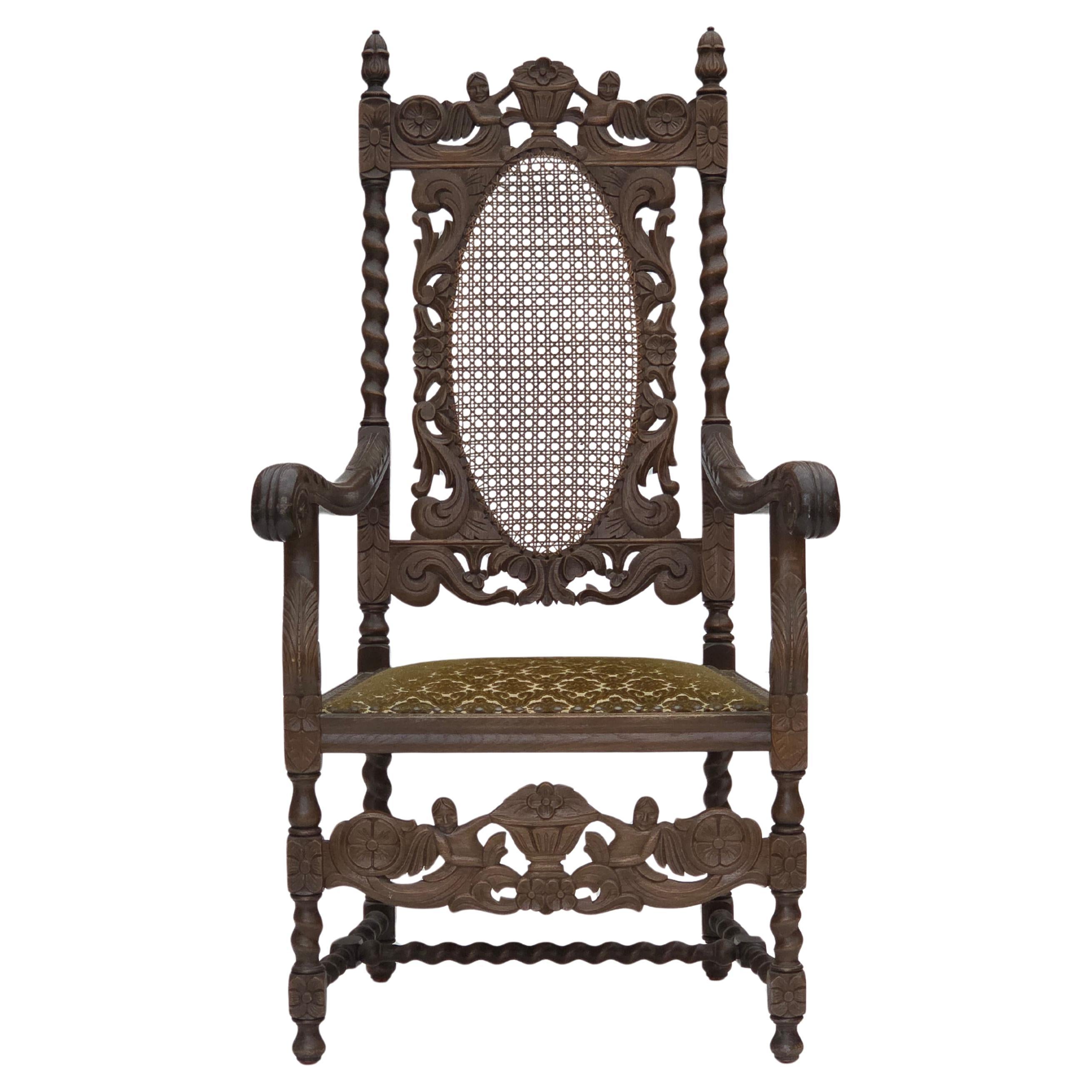 Años 30, sillón danés de respaldo alto, malla para muebles, terciopelo, madera de roble tallada a mano.