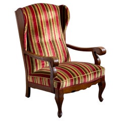 1930s Danish Modern Lounge Chair in Solid Oak and Striped Velvet Upholstery 