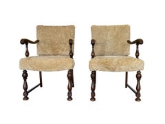 1930s, Danish Oak Armchairs in Shearling, Pair
