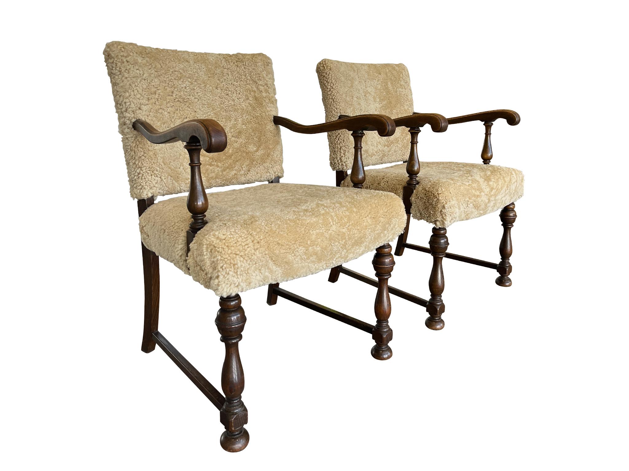 Hand-Crafted 1930s, Danish Oak Armchairs in Shearling, Pair