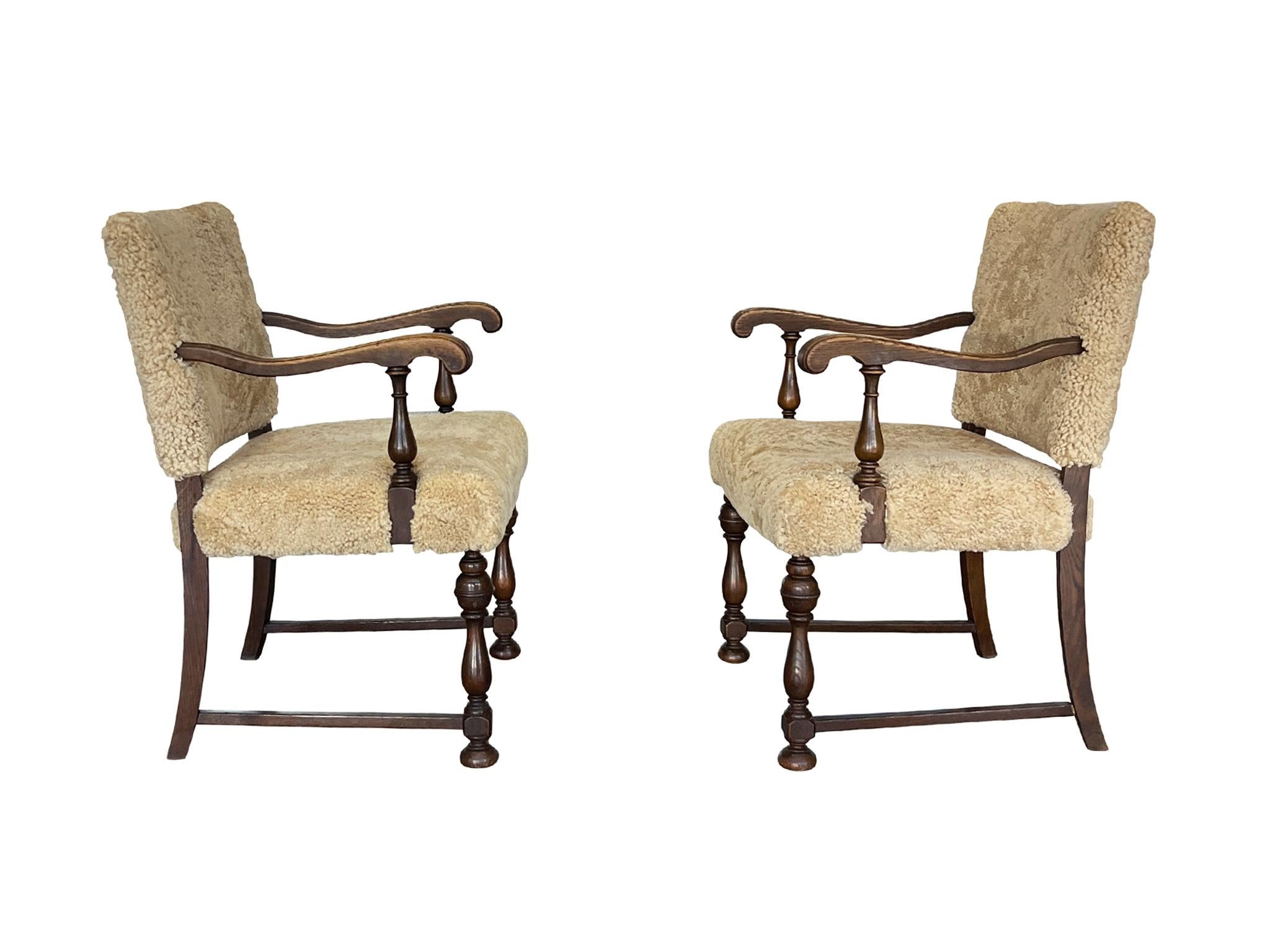 1930s, Danish Oak Armchairs in Shearling, Pair In Good Condition In New York, NY