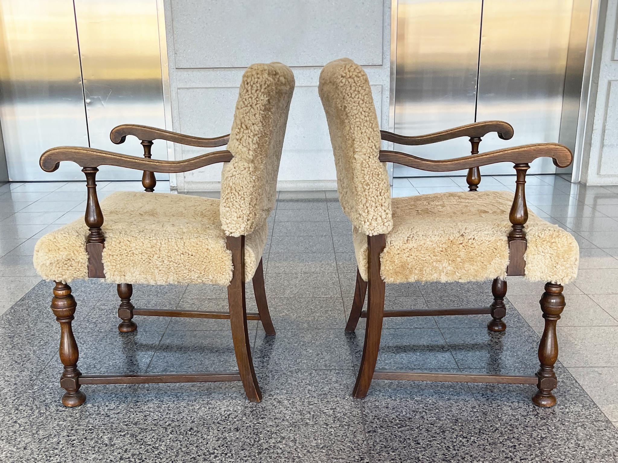 1930s, Danish Oak Armchairs in Shearling, Pair 1