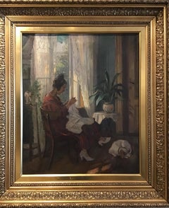 1930s Danish Oil Painting on Canvas of a Woman with a Dog by Carl Horning-Jensen