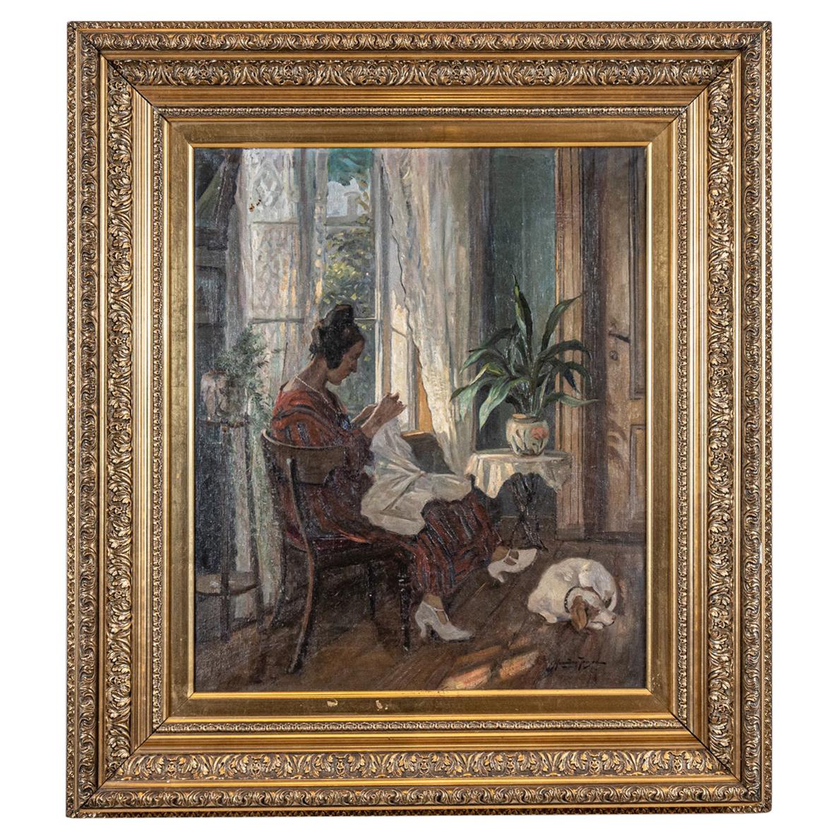 1930s Danish Oil Painting on Canvas of a Woman with a Dog by Carl Horning-Jensen