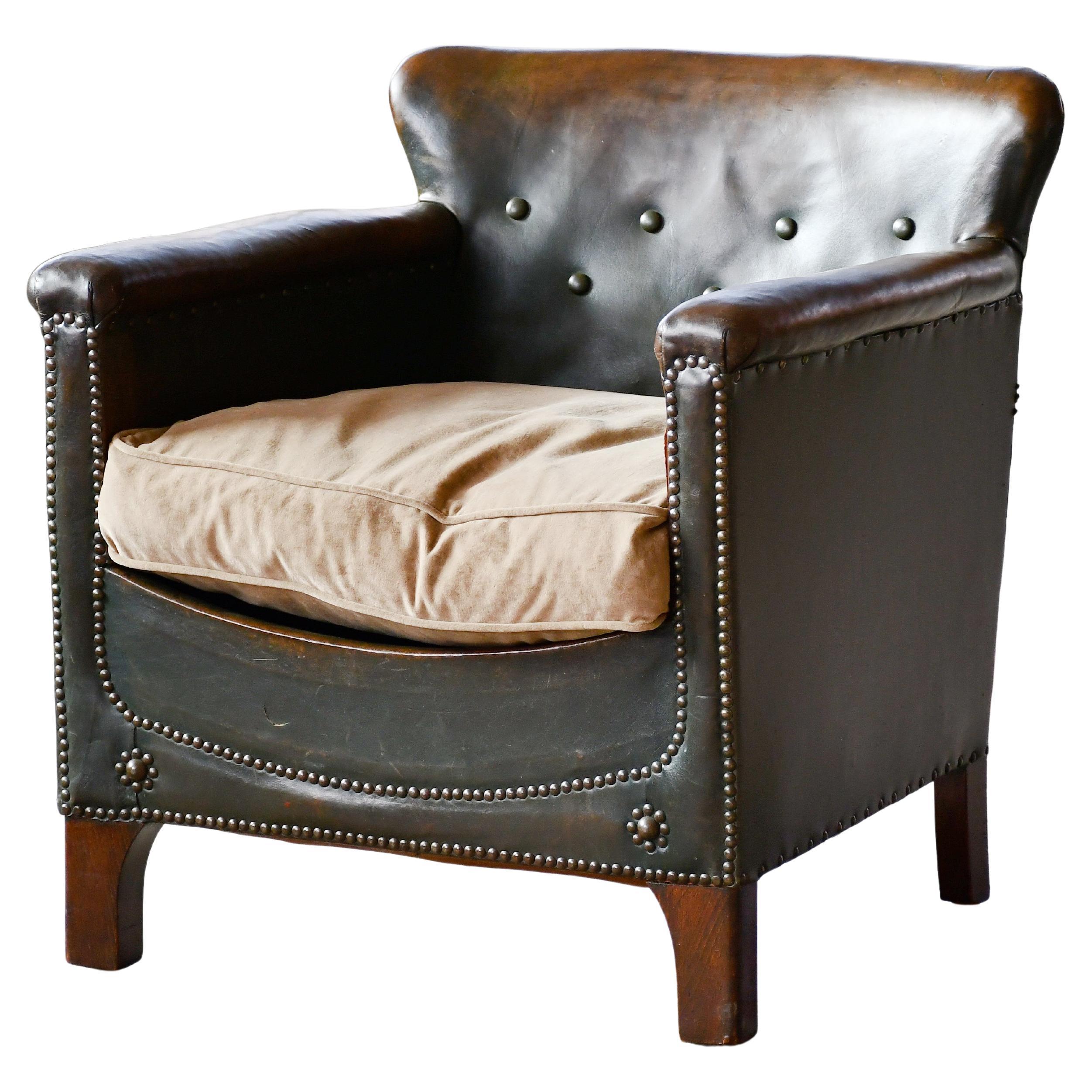 1930s Danish Small Club or Library Chair in Dark Green Leather