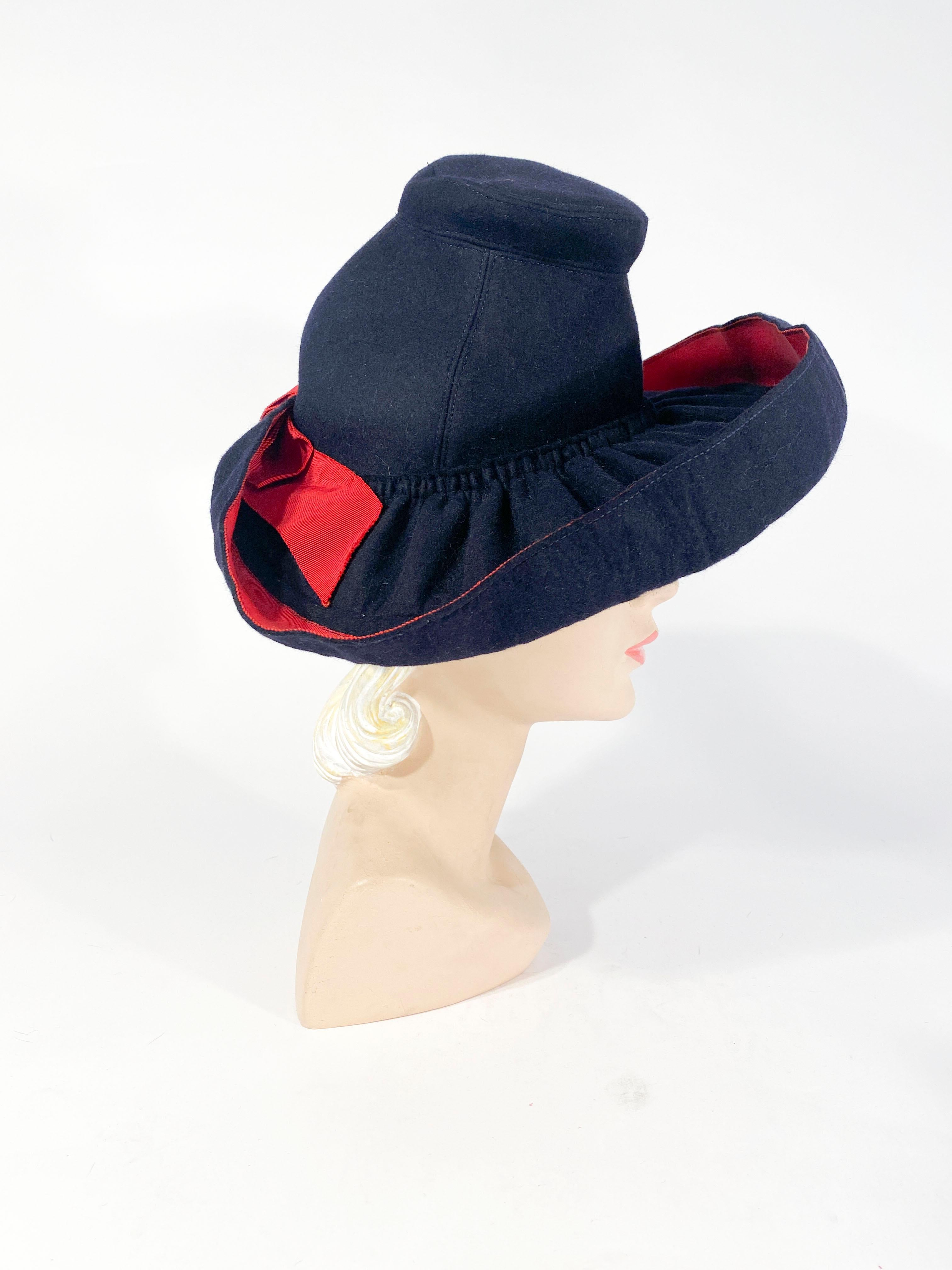 Black 1930s Dark Blue Hand-sculpted Wide-Brimmed Hat with Red Accents