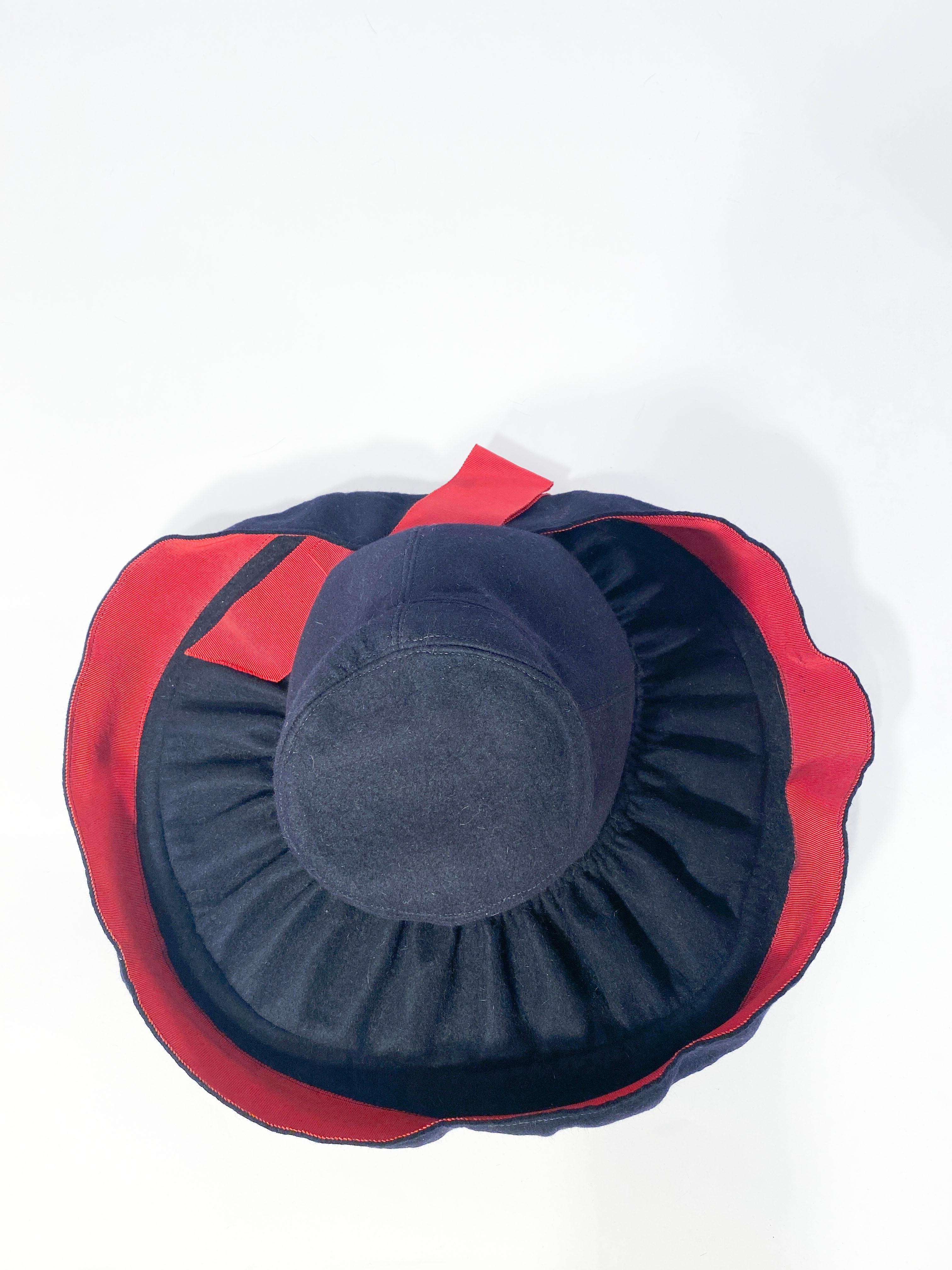 Women's 1930s Dark Blue Hand-sculpted Wide-Brimmed Hat with Red Accents