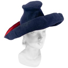 1930s Dark Blue Hand-sculpted Wide-Brimmed Hat with Red Accents