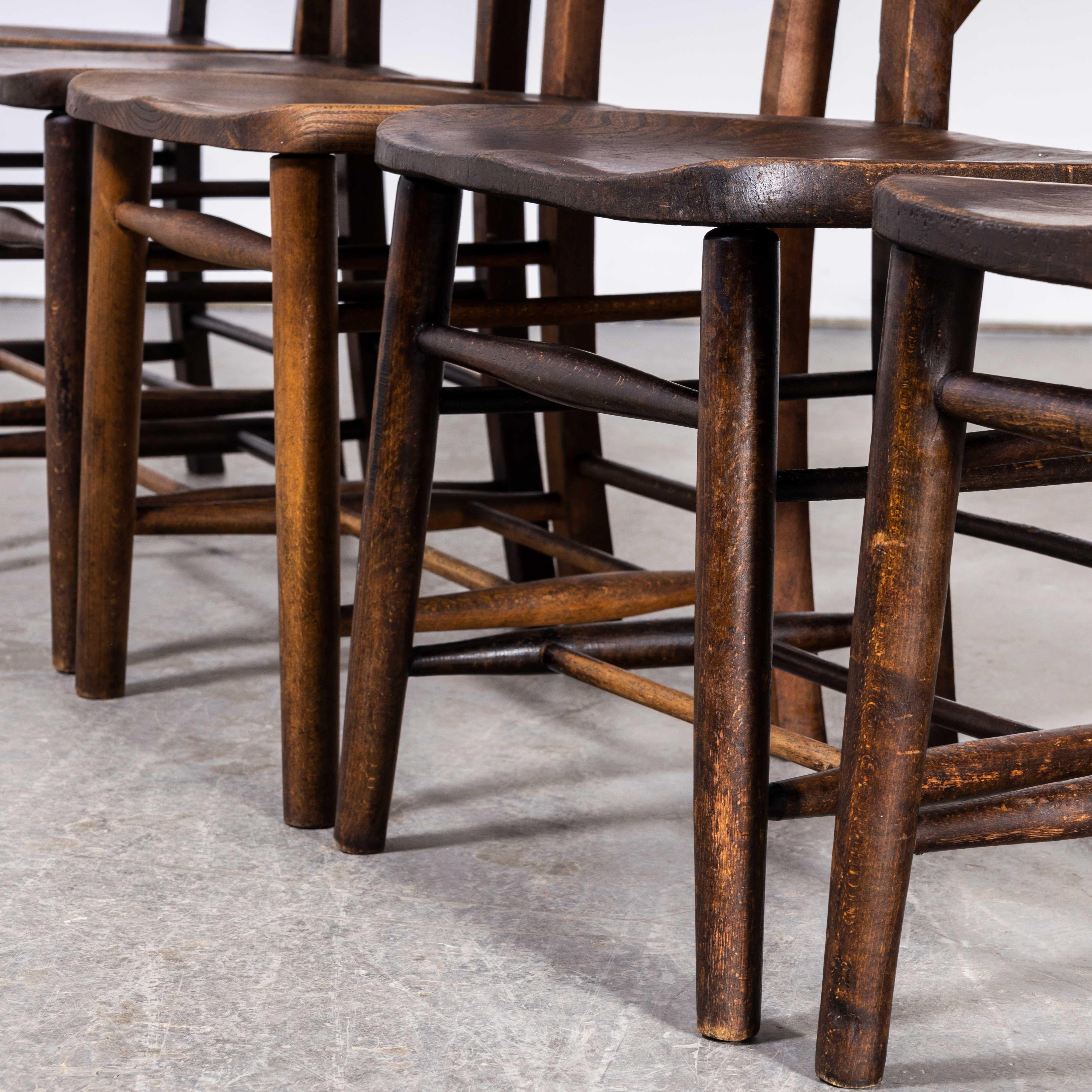 1930's Dark Elm Church, Chapel Dining Chairs, Set of Five In Good Condition In Hook, Hampshire