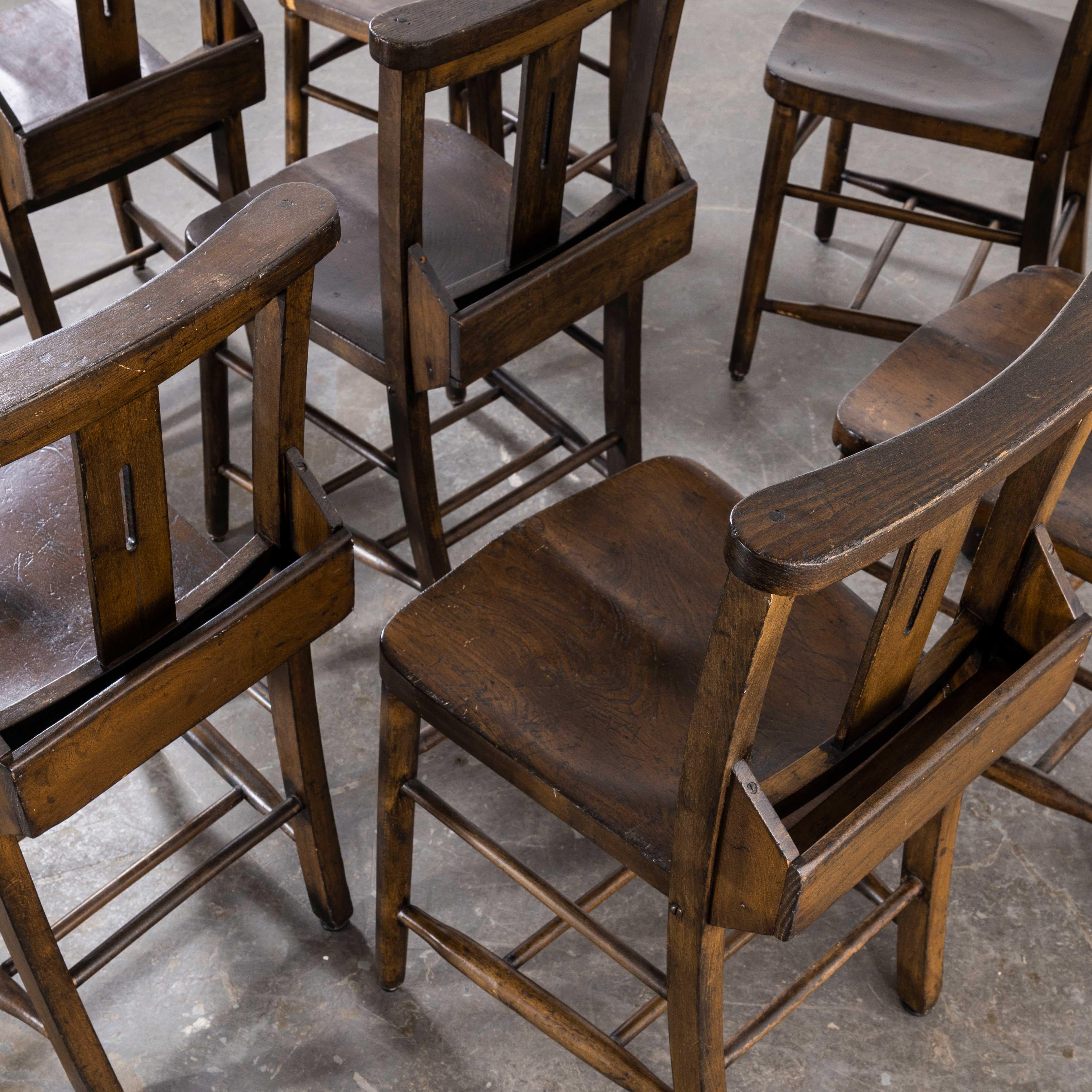English 1930s Dark Walnut Church, Chapel Dining Chairs, Set of Eight