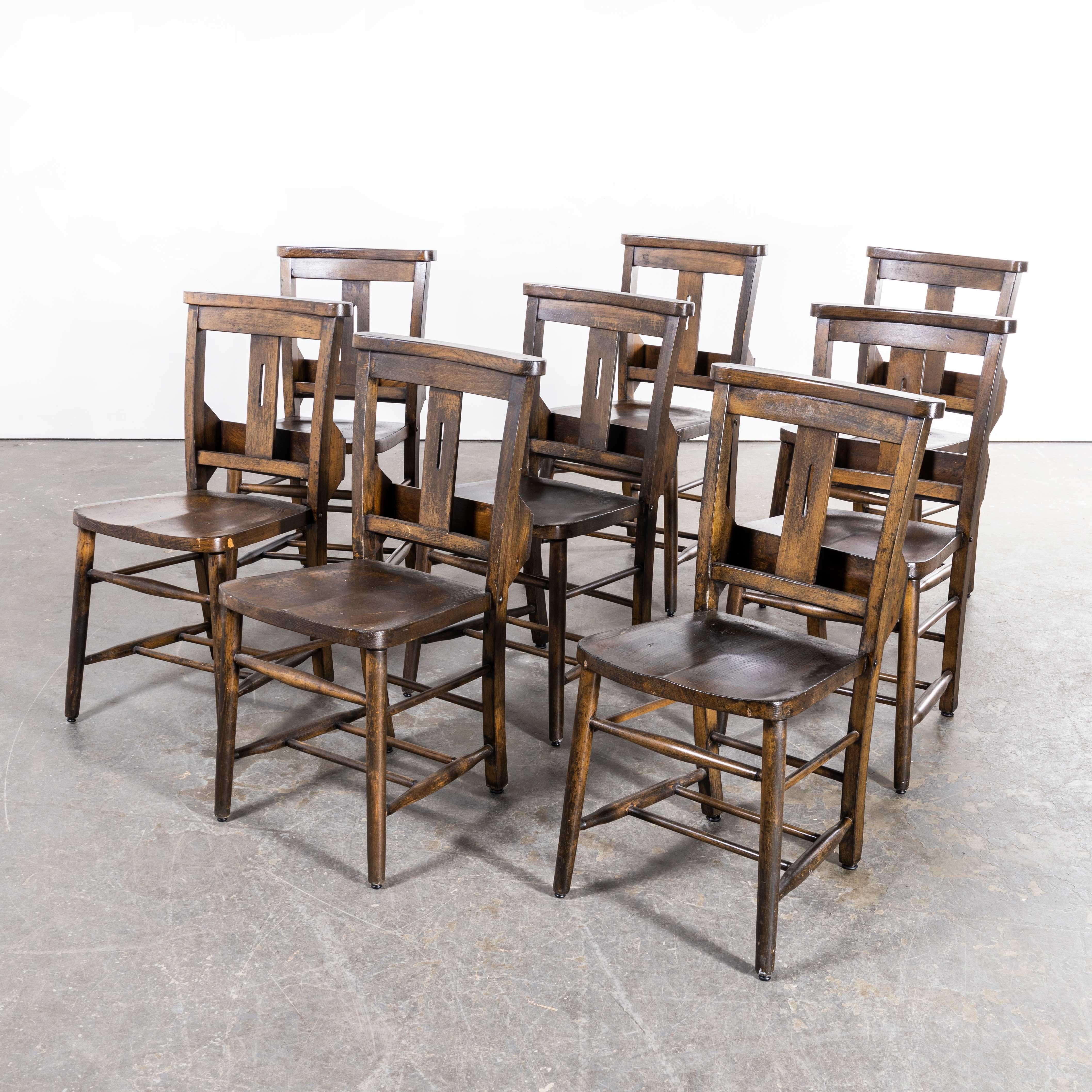 1930s Dark Walnut Church, Chapel Dining Chairs, Set of Eight 1