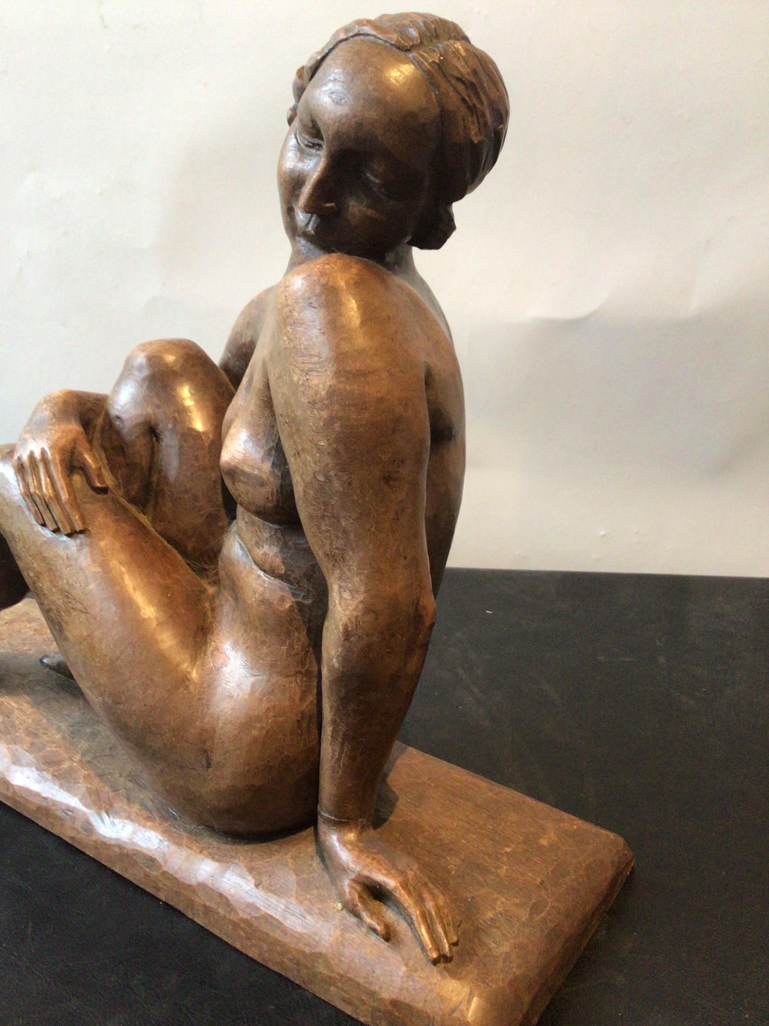 1930s Deco Carved Wood Sculpture of Nude Female Signed Colbert 6
