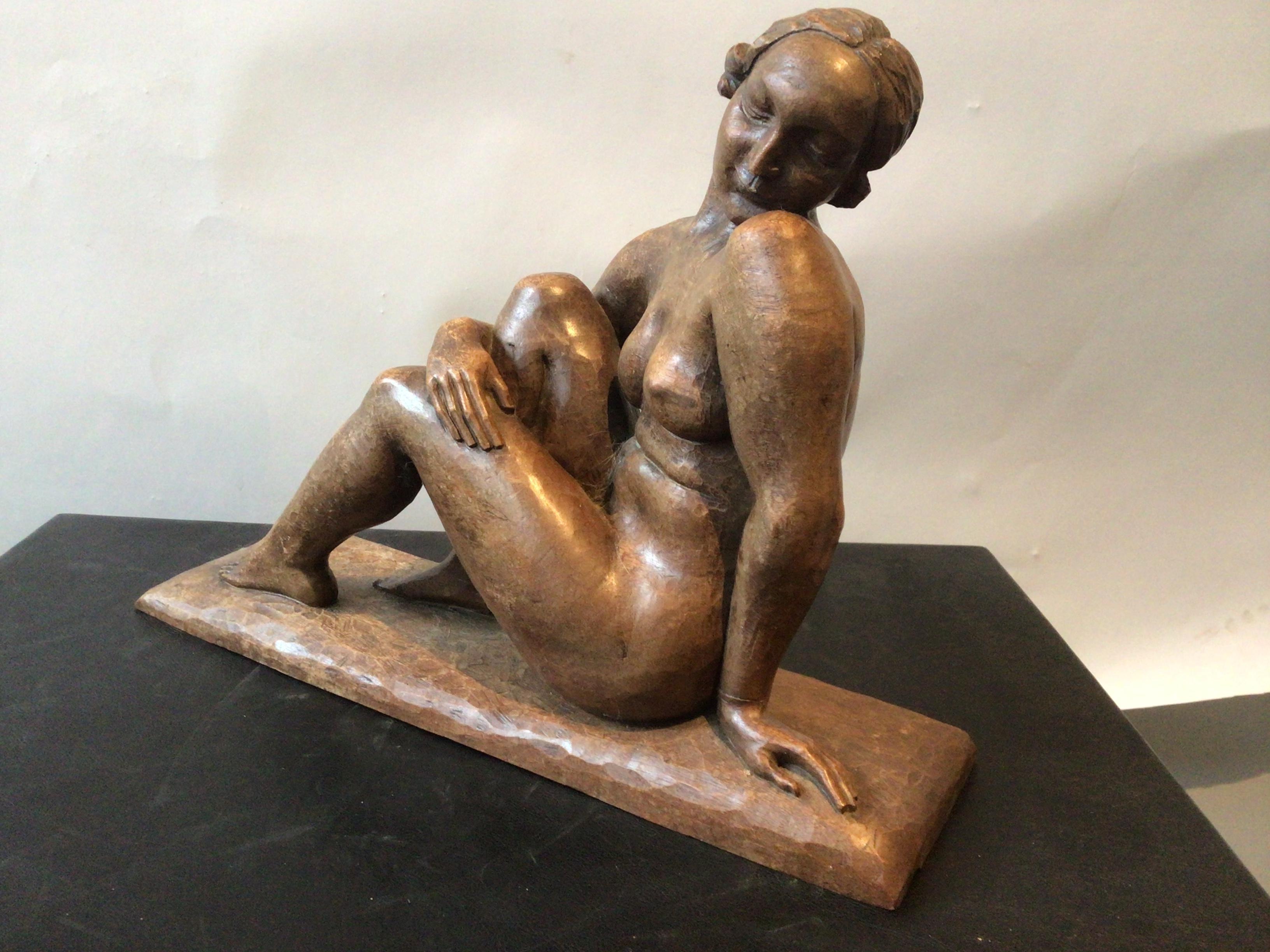 Mid-20th Century 1930s Deco Carved Wood Sculpture of Nude Female Signed Colbert