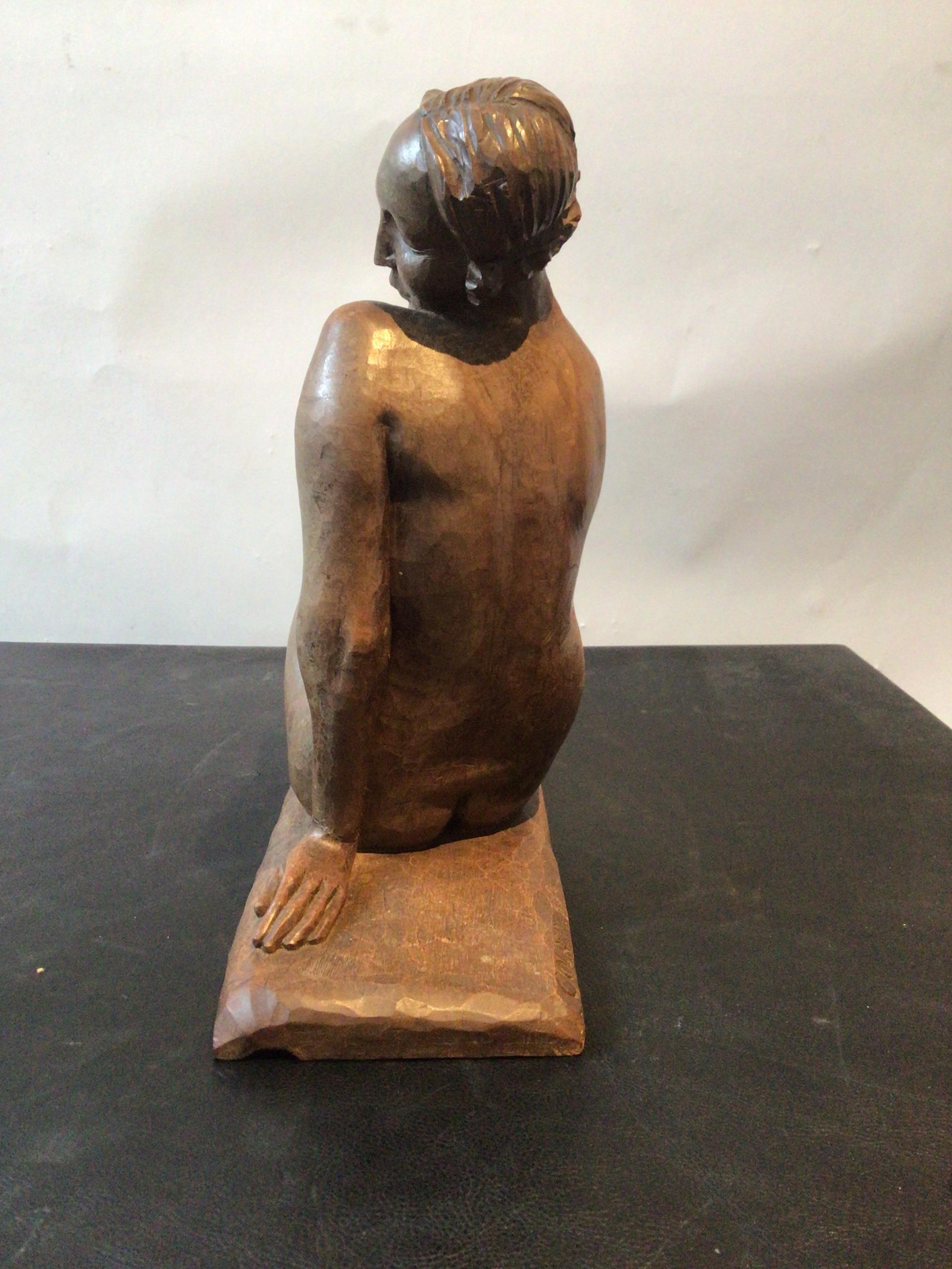 1930s Deco Carved Wood Sculpture of Nude Female Signed Colbert 1