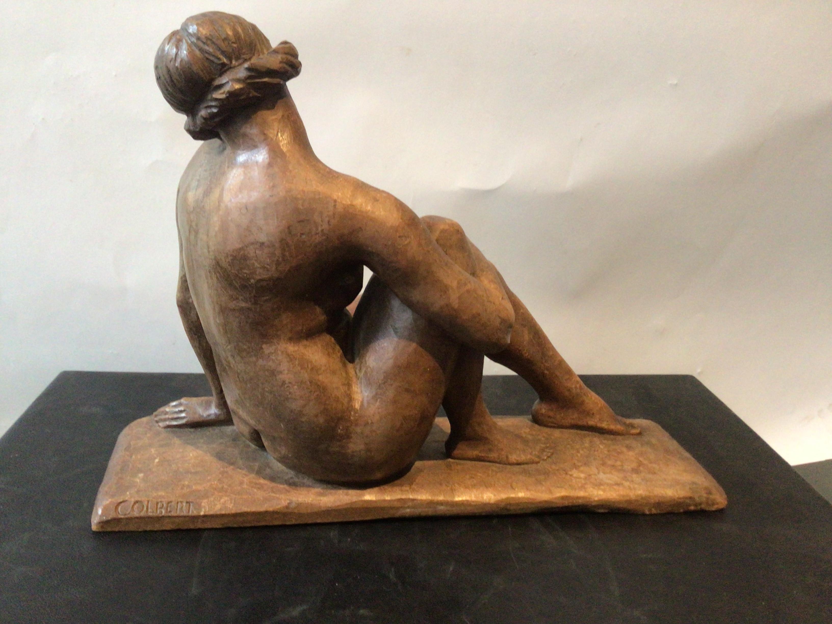 1930s Deco Carved Wood Sculpture of Nude Female Signed Colbert 2