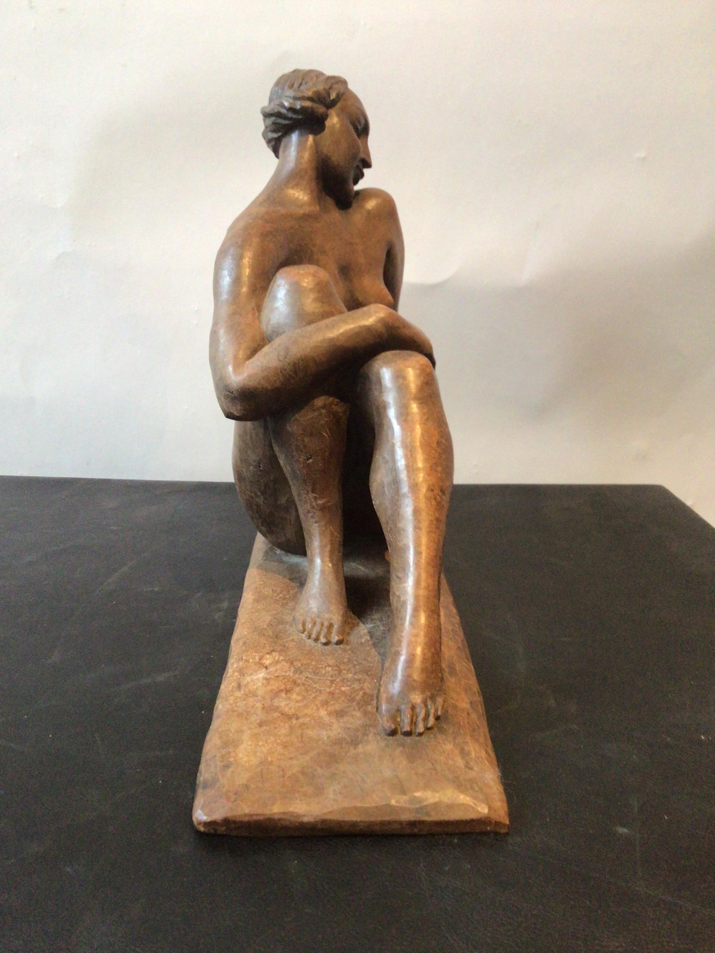 1930s Deco Carved Wood Sculpture of Nude Female Signed Colbert 3