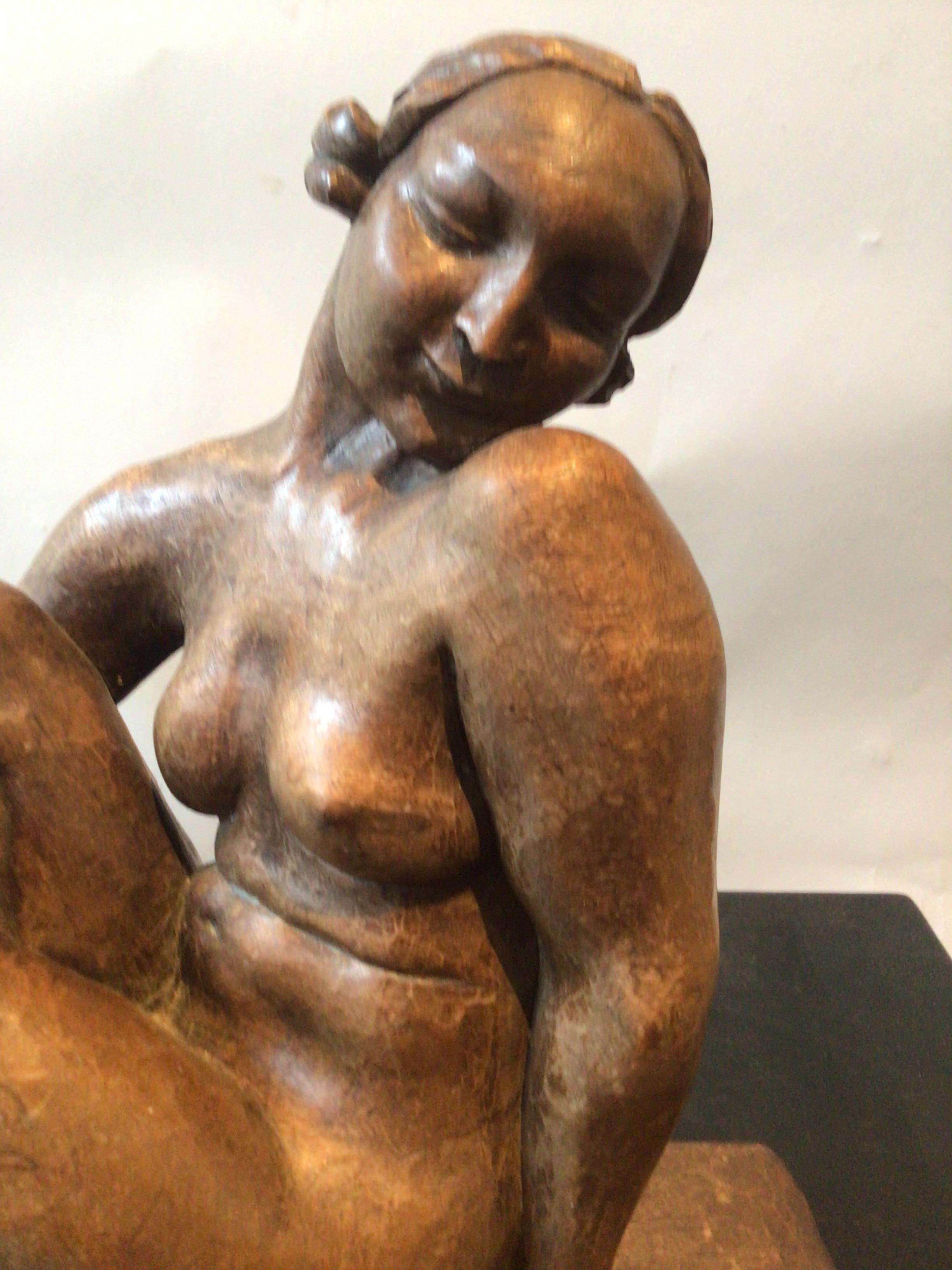 1930s Deco Carved Wood Sculpture of Nude Female Signed Colbert 4