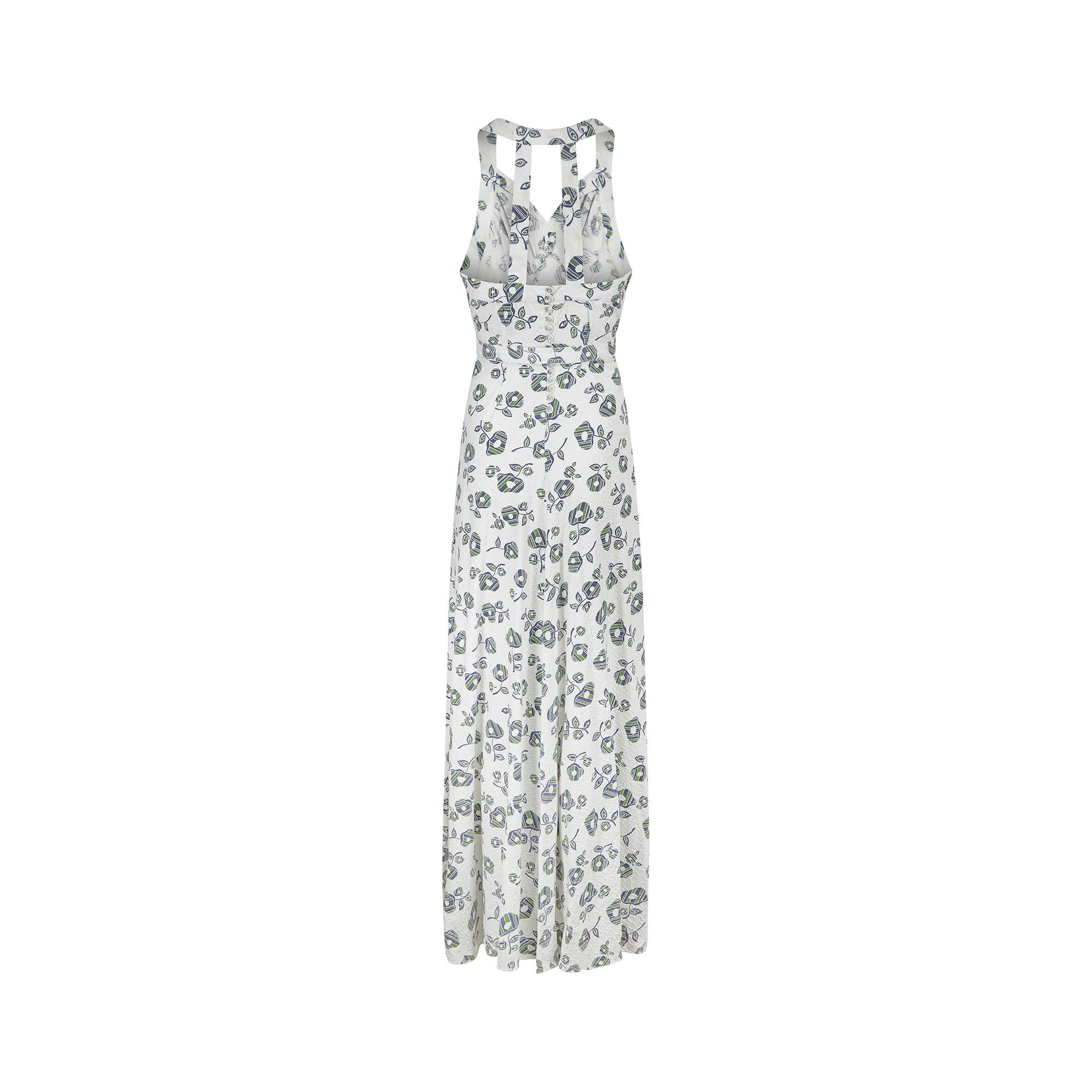 1930s Deco Floral White Cotton Print Maxi Dress In Good Condition For Sale In London, GB