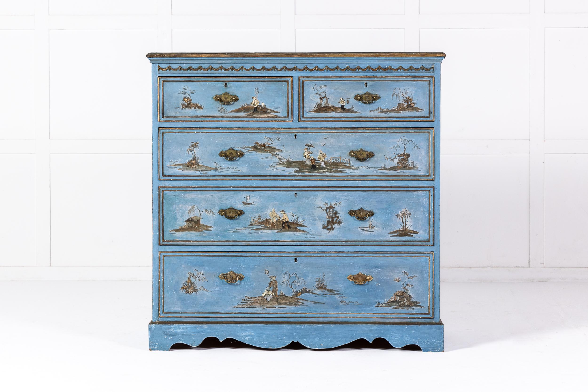 An Exceptionally Decorative 1930s English Japanned Chest of Drawers of Unusual Pale Blue Colour.

This piece is clearly inspired by the past. The gilt brass hardware employed throughout is of excellent quality. Consisting of two short and three long