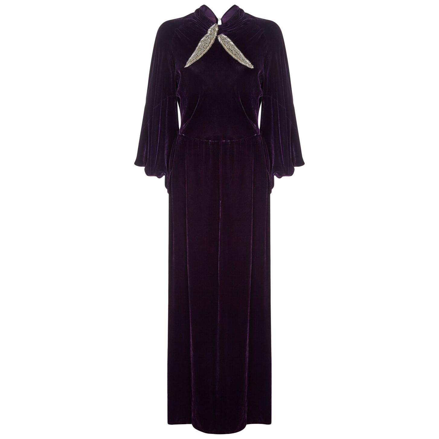 1930s Deep Purple Velvet Dress With Diamante Feather Design