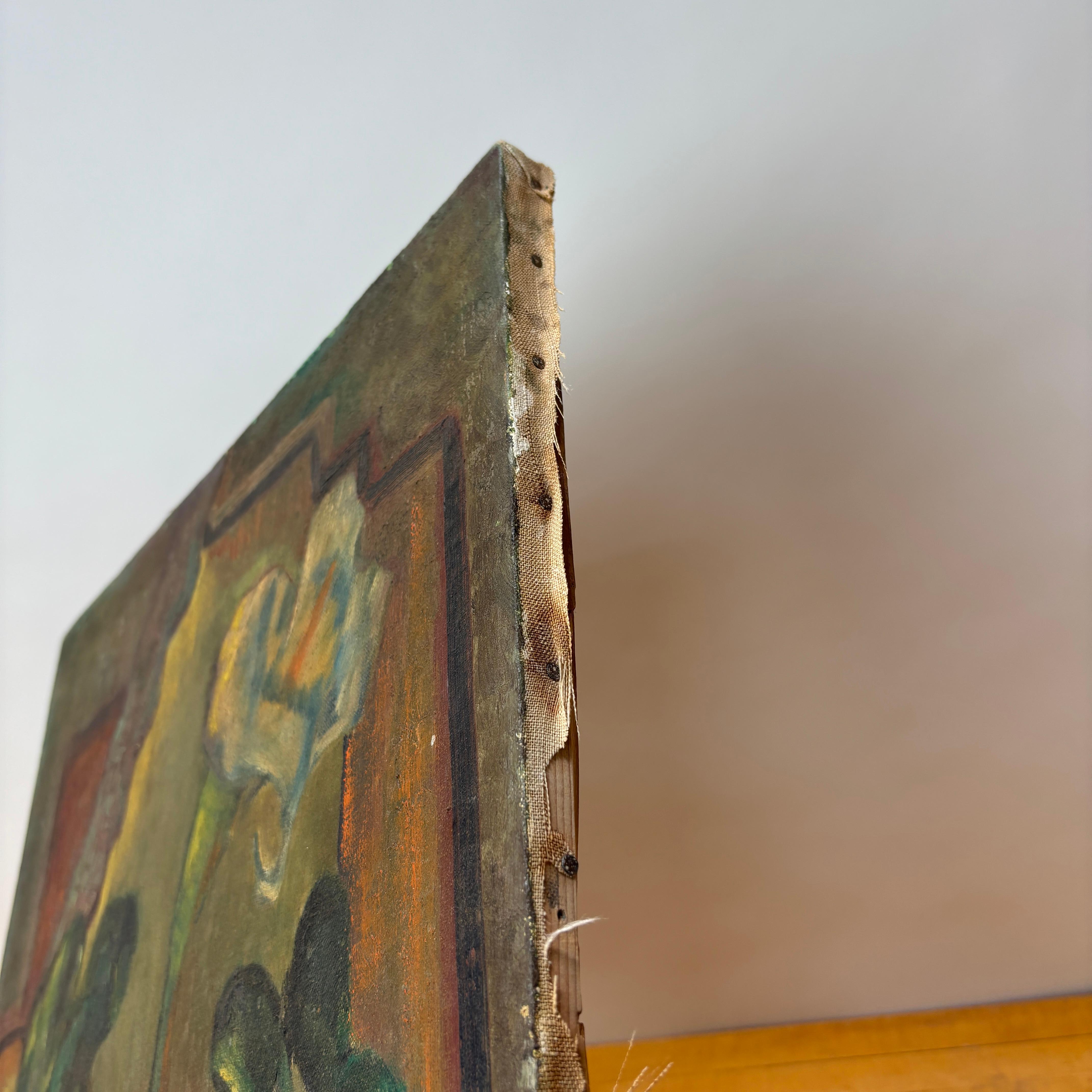 Óleo sobre lino firmado Velpha, de la década de 1920/30, que representa un Lilly en un jarrón con un fondo abstracto multicolor de diseño geométrico atribuido a la época decó.
Precioso bodegón encontrado en Pasadena, California.

El estado es como