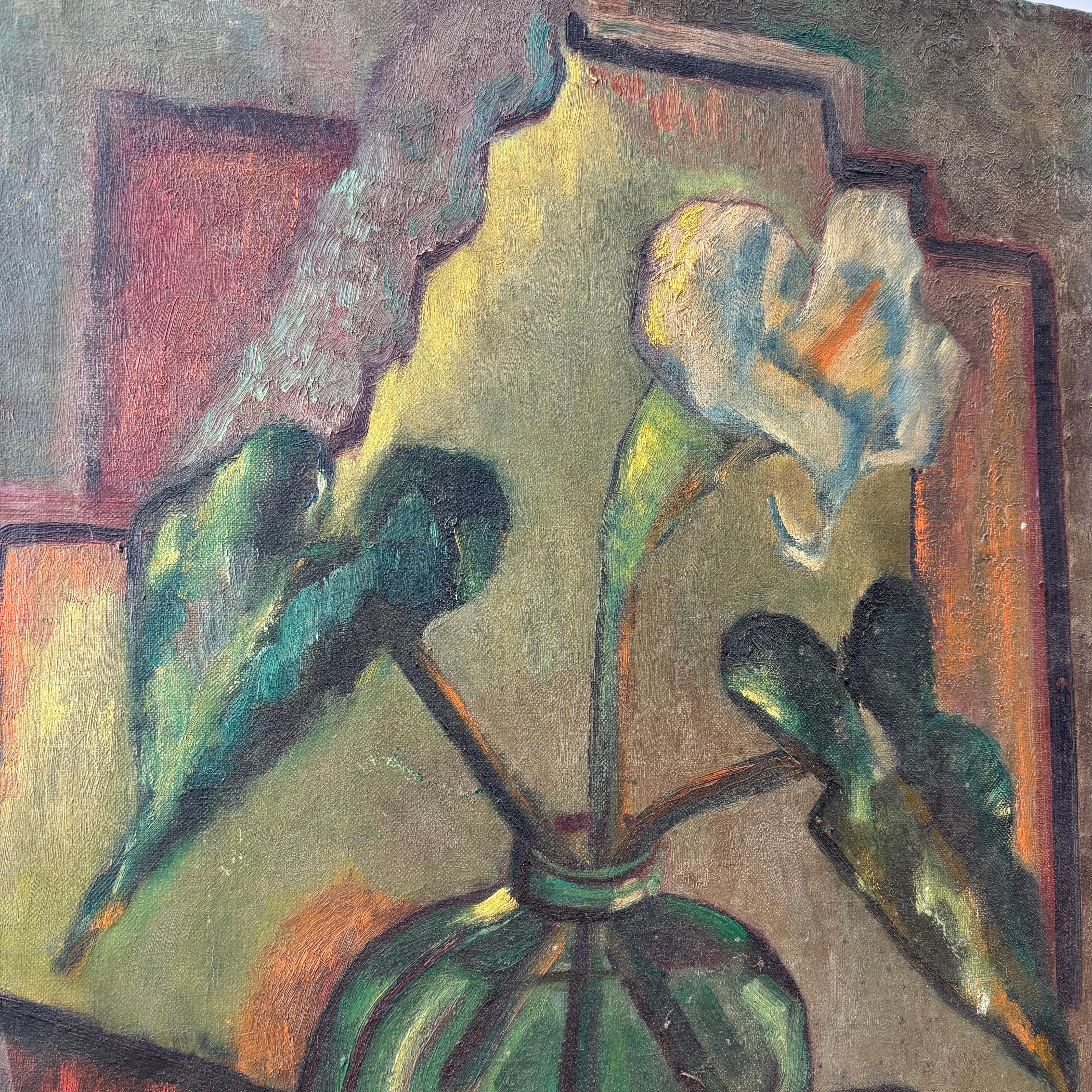 1930 Óleo sobre lienzo de la era de la Depresión Lilly en jarrón firmado Velpha Art Decó en venta