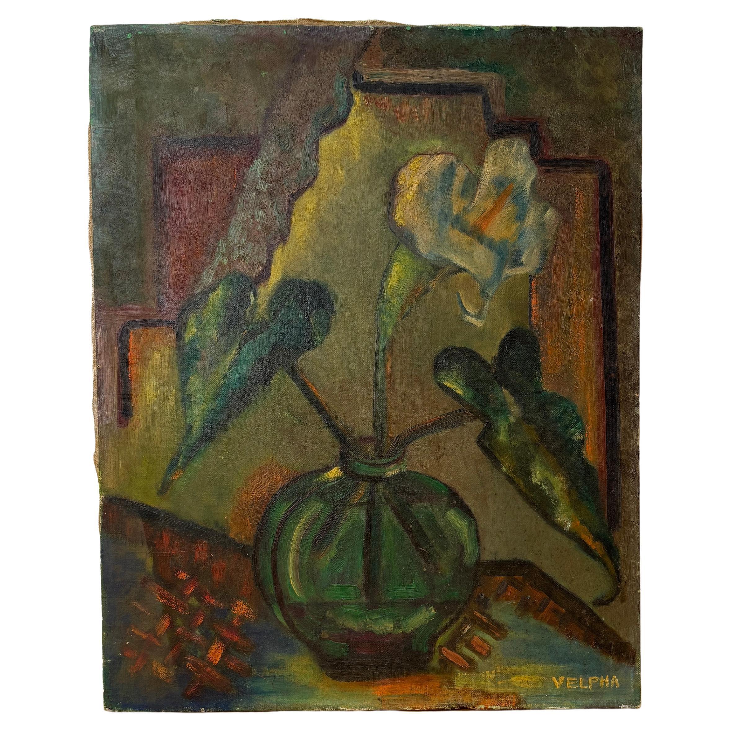 1930 Óleo sobre lienzo de la era de la Depresión Lilly en jarrón firmado Velpha en venta