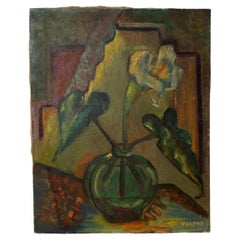 1930's Depression Era Öl auf Leinwand Lilly in Vase unterzeichnet Velpha