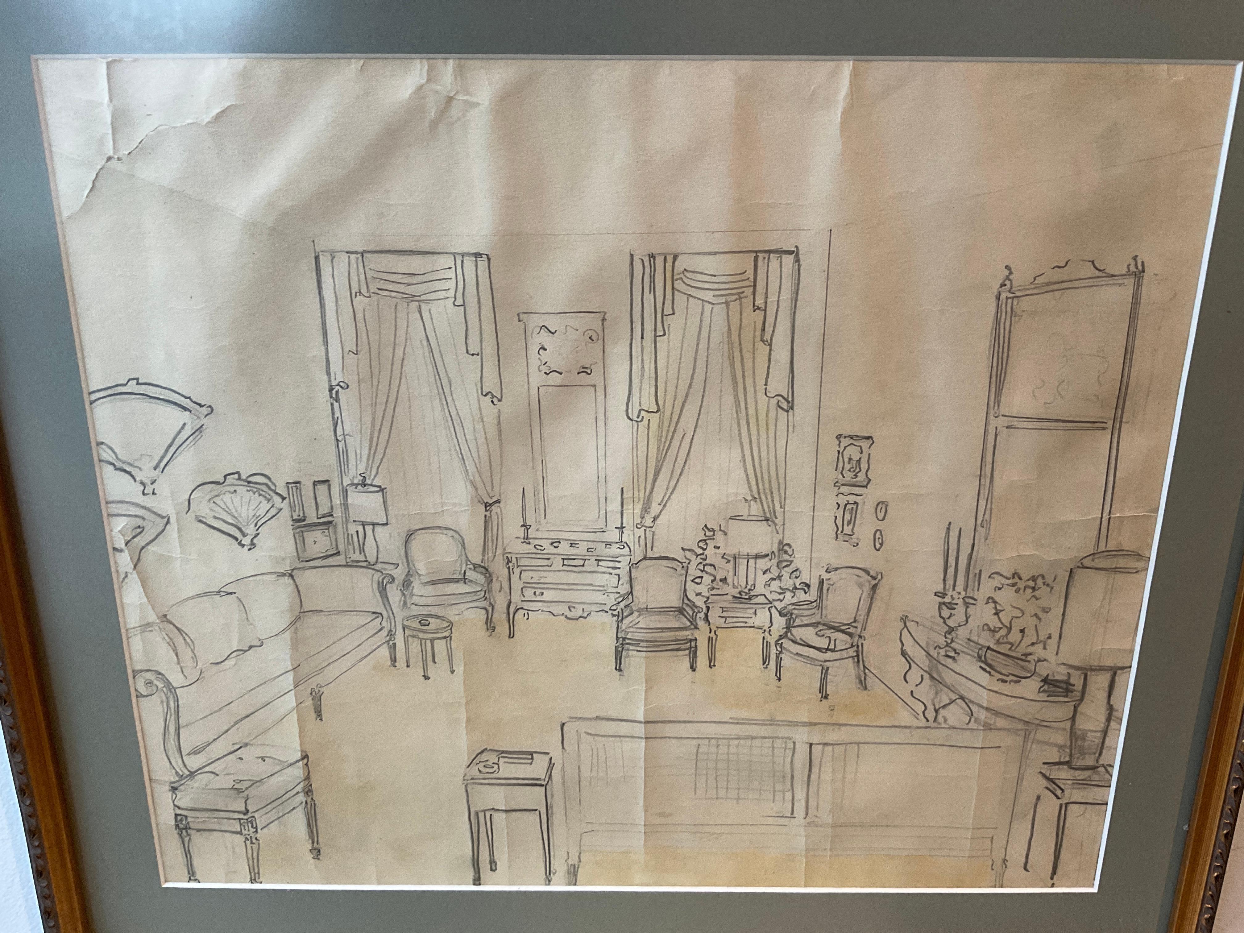 1930s Designers Drawing Of A Living Room Proposal im Zustand „Gut“ im Angebot in Tarrytown, NY