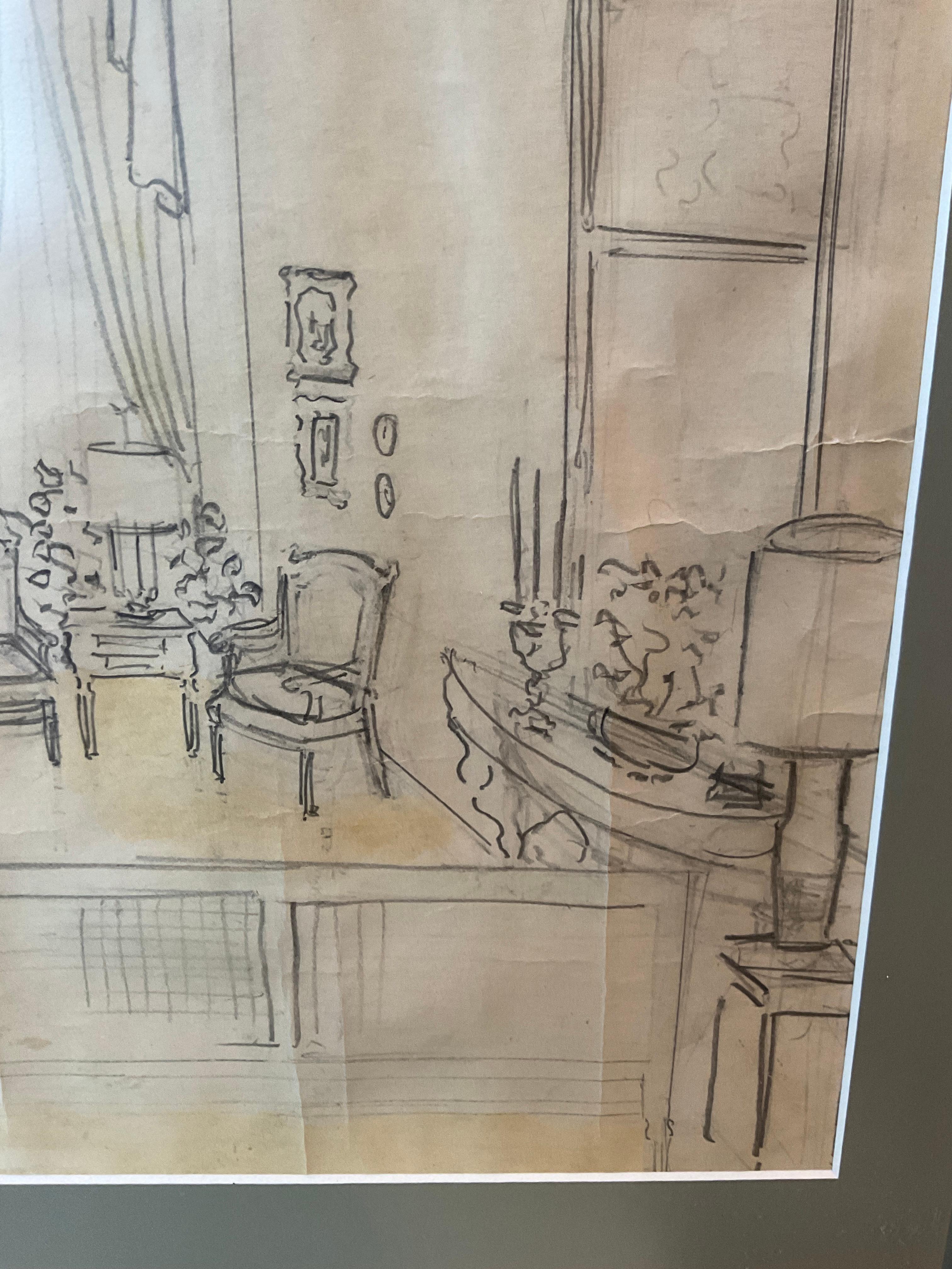 Mid-20th Century 1930s Designers Drawing Of A Living Room Proposal For Sale