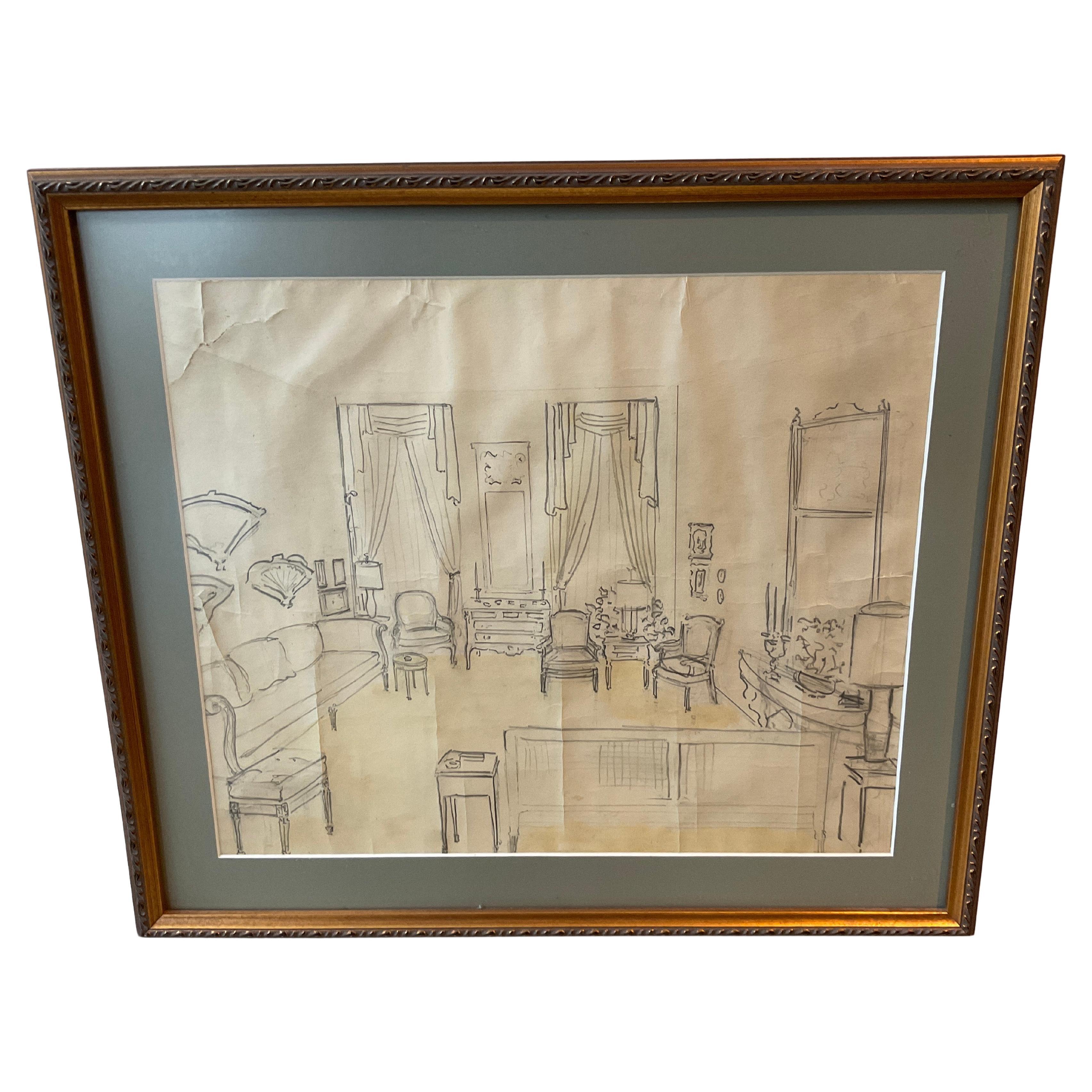 1930s Designers Drawing Of A Living Room Proposal im Angebot
