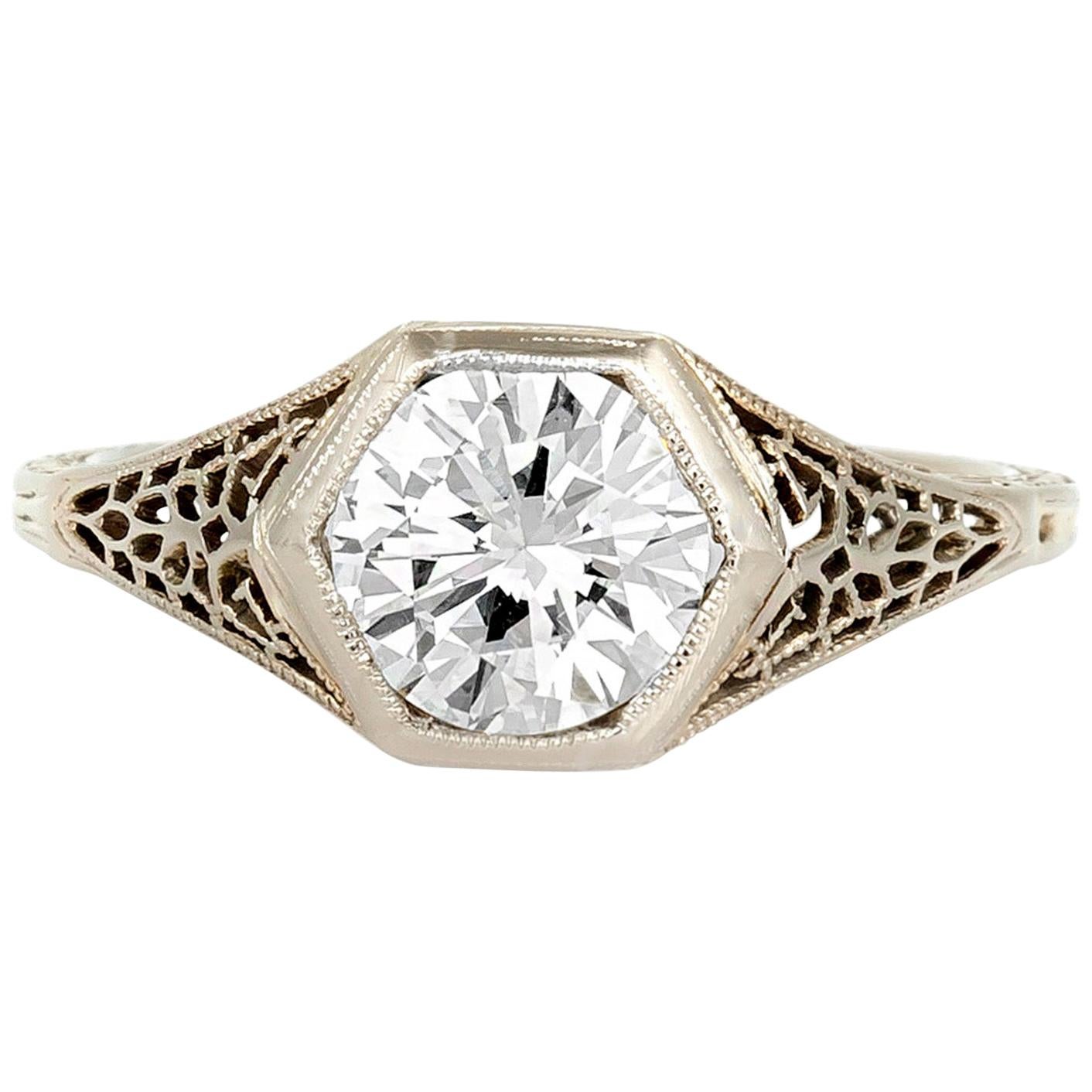 1930s Diamond 1.17 Carat Engagement Ring For Sale