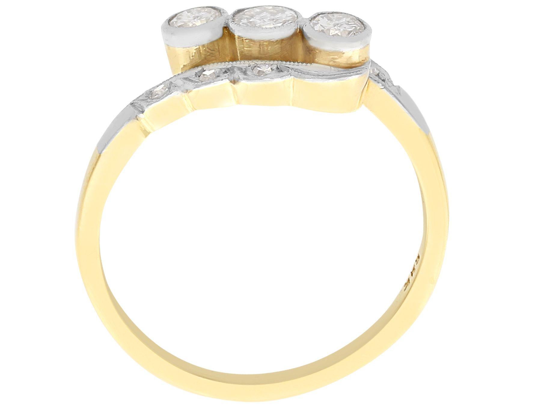Round Cut 1930s Three Stone Diamond and Yellow Gold Cocktail Ring For Sale