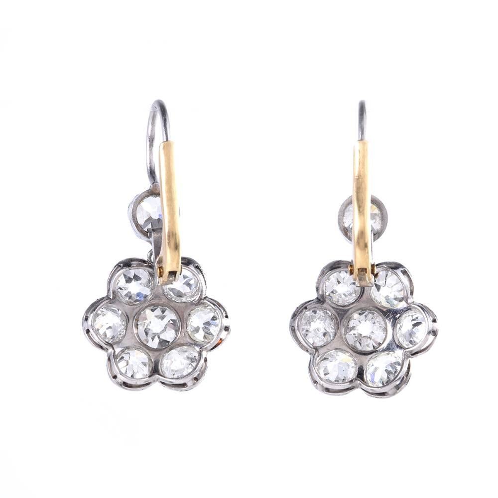 Old European Cut 1930s Diamond Platinum Gold Flower Dangle Drop Earrings