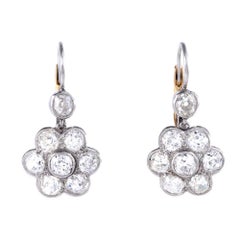 1930s Diamond Platinum Gold Flower Dangle Drop Earrings