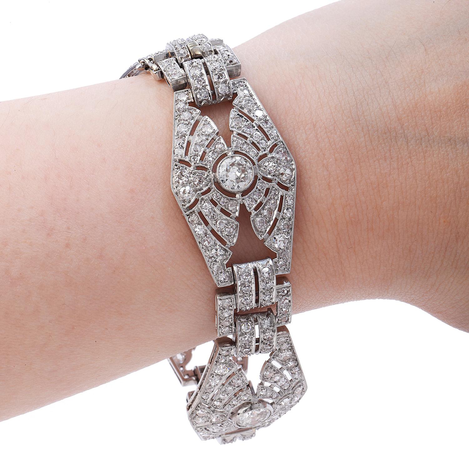 Women's or Men's 1930s Diamond Platinum Hexagon Link Bracelet