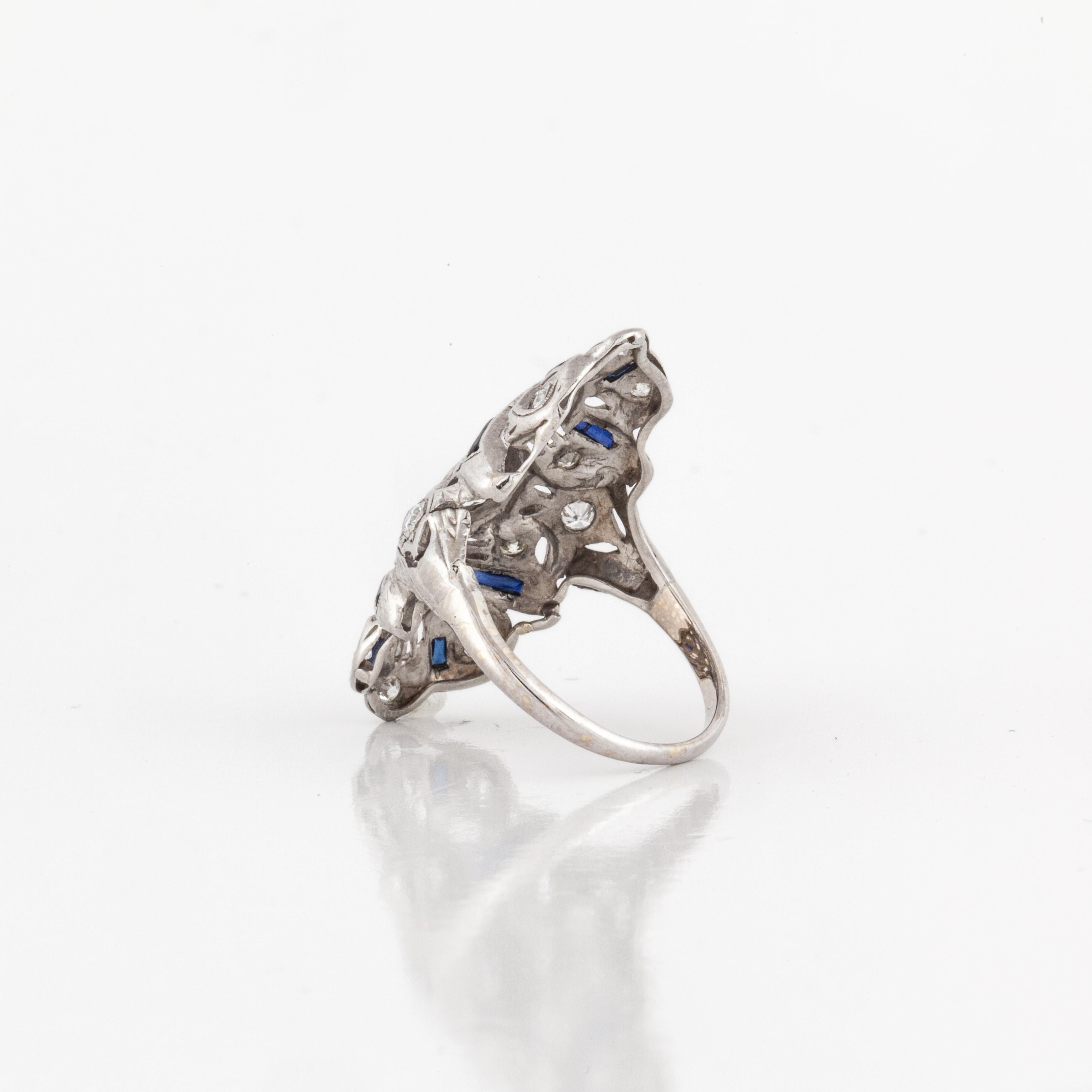 1930s Platinum Diamond and Sapphire Navette Ring In Good Condition In Houston, TX