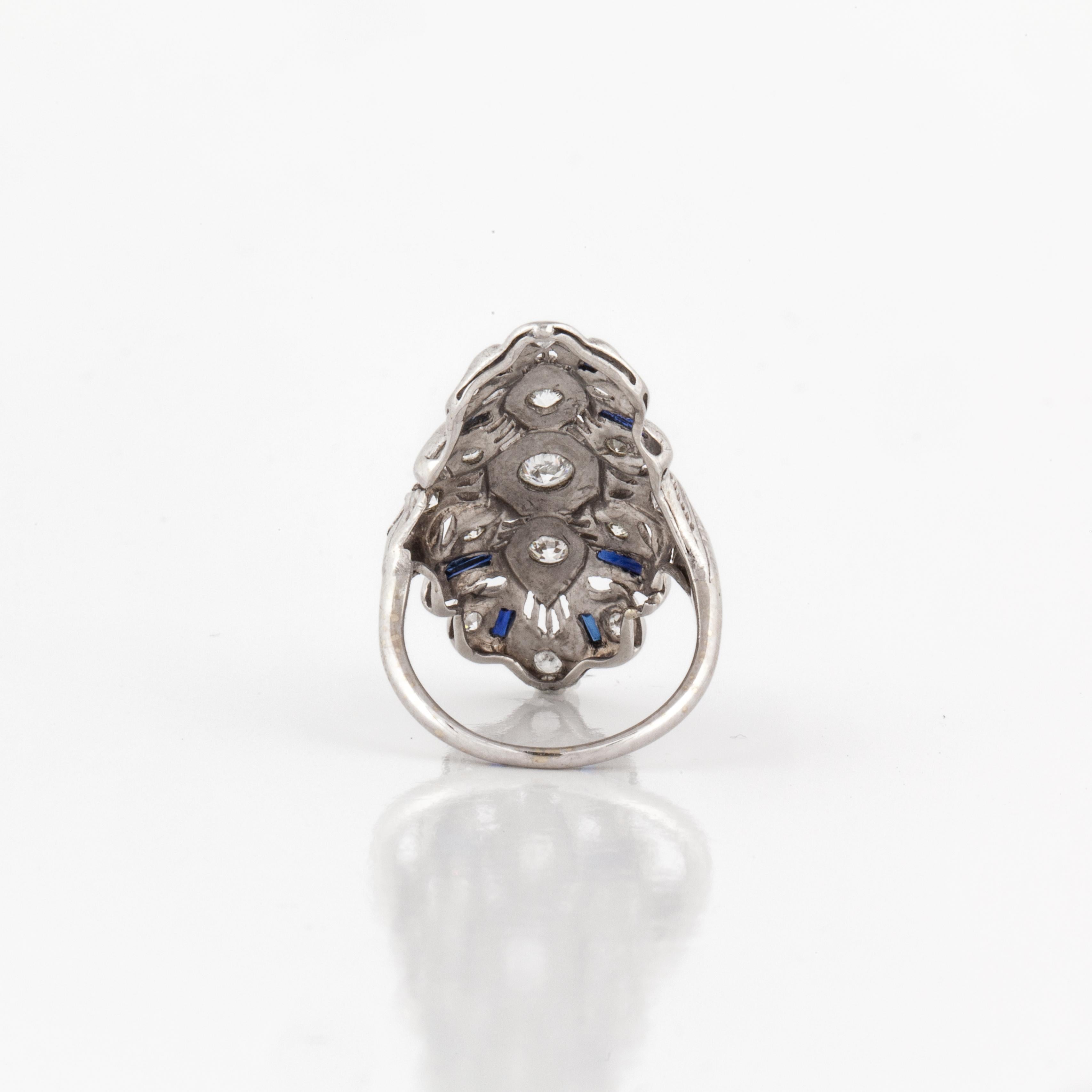 Women's 1930s Platinum Diamond and Sapphire Navette Ring