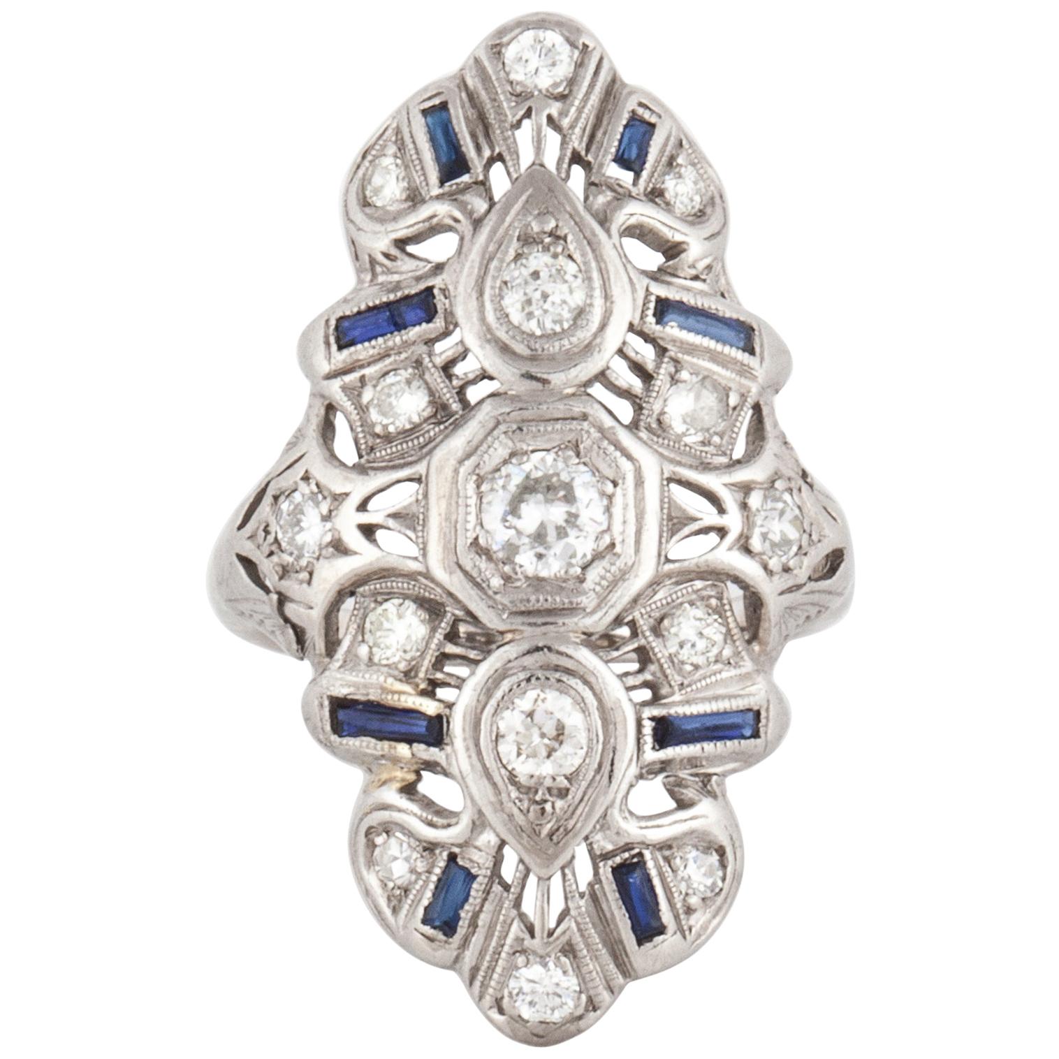 1930s Platinum Diamond and Sapphire Navette Ring