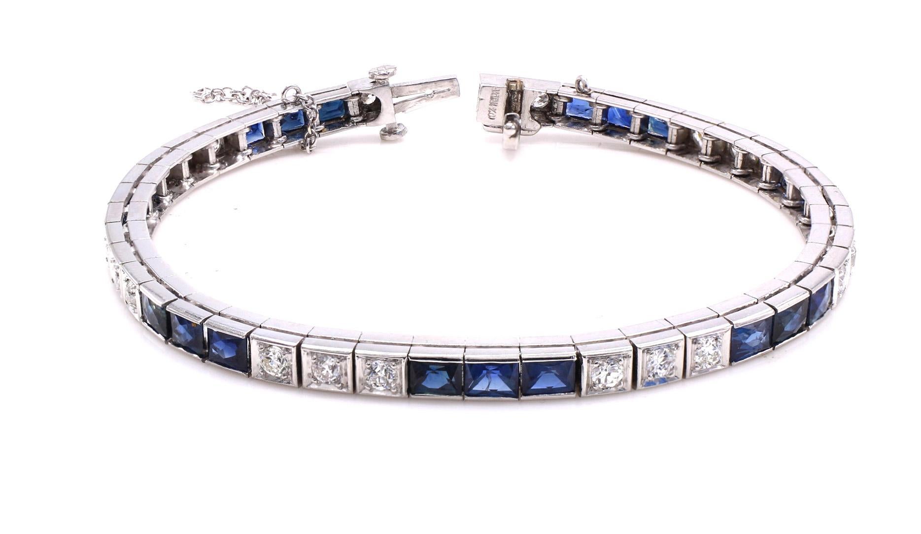 Magnificently handcrafted in platinum, this Art Deco straight line bracelet - or today known as tennis bracelet is mint condition, seemingly having been rarely worn. Alternating sections of perfectly matched bright white and lively Old European cut