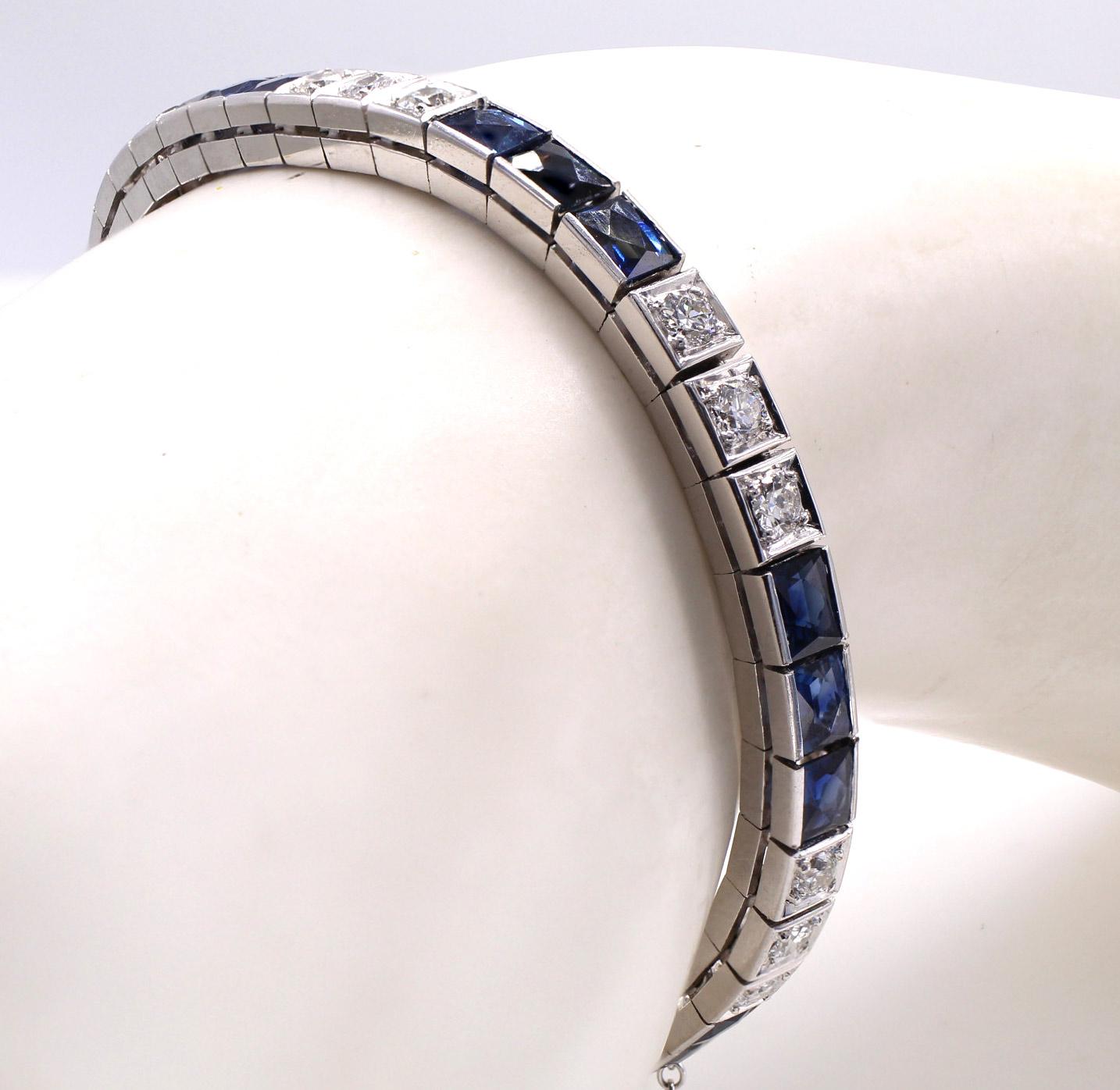 Art Deco 1930s Diamond Sapphire Platinum Tennis Bracelet  For Sale