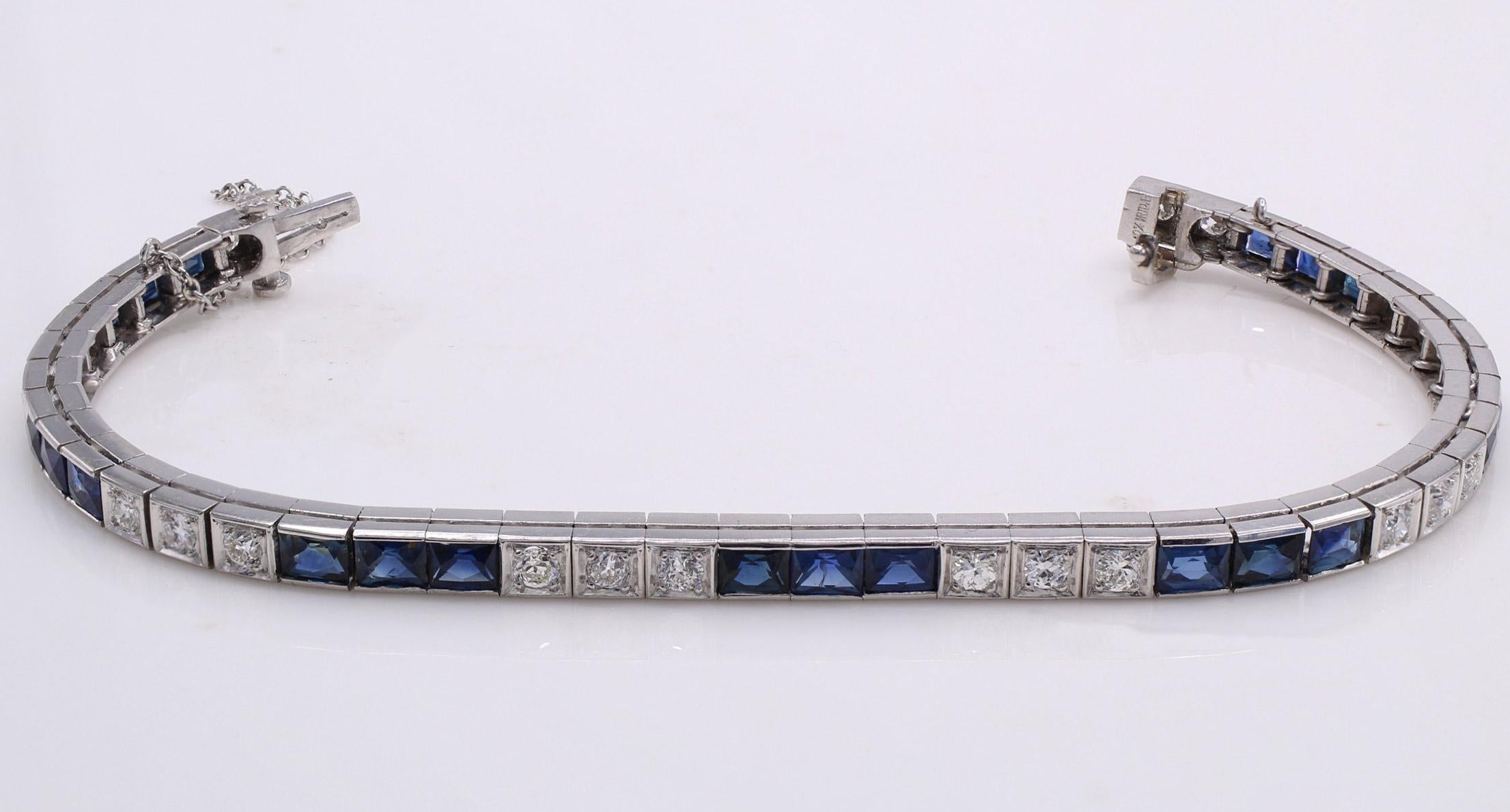 Mixed Cut 1930s Diamond Sapphire Platinum Tennis Bracelet  For Sale