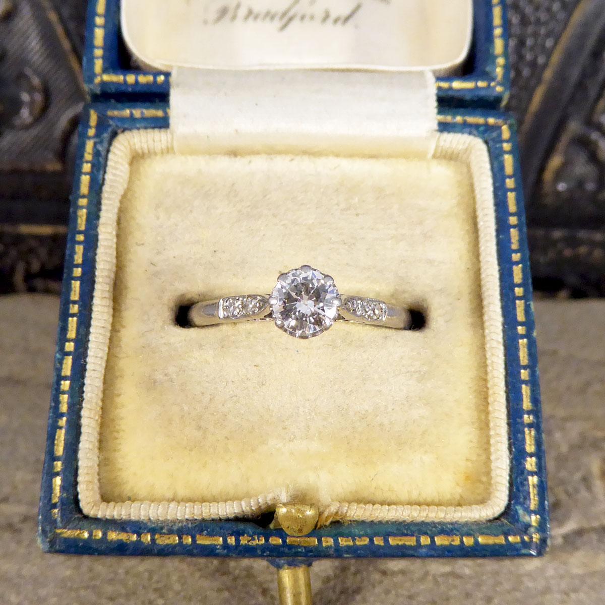 Old European Cut 1930's Diamond Solitaire Ring Diamond set Shoulders in 18ct White Gold and Plat For Sale