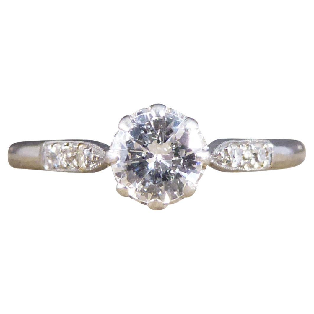 1930's Diamond Solitaire Ring Diamond set Shoulders in 18ct White Gold and Plat For Sale