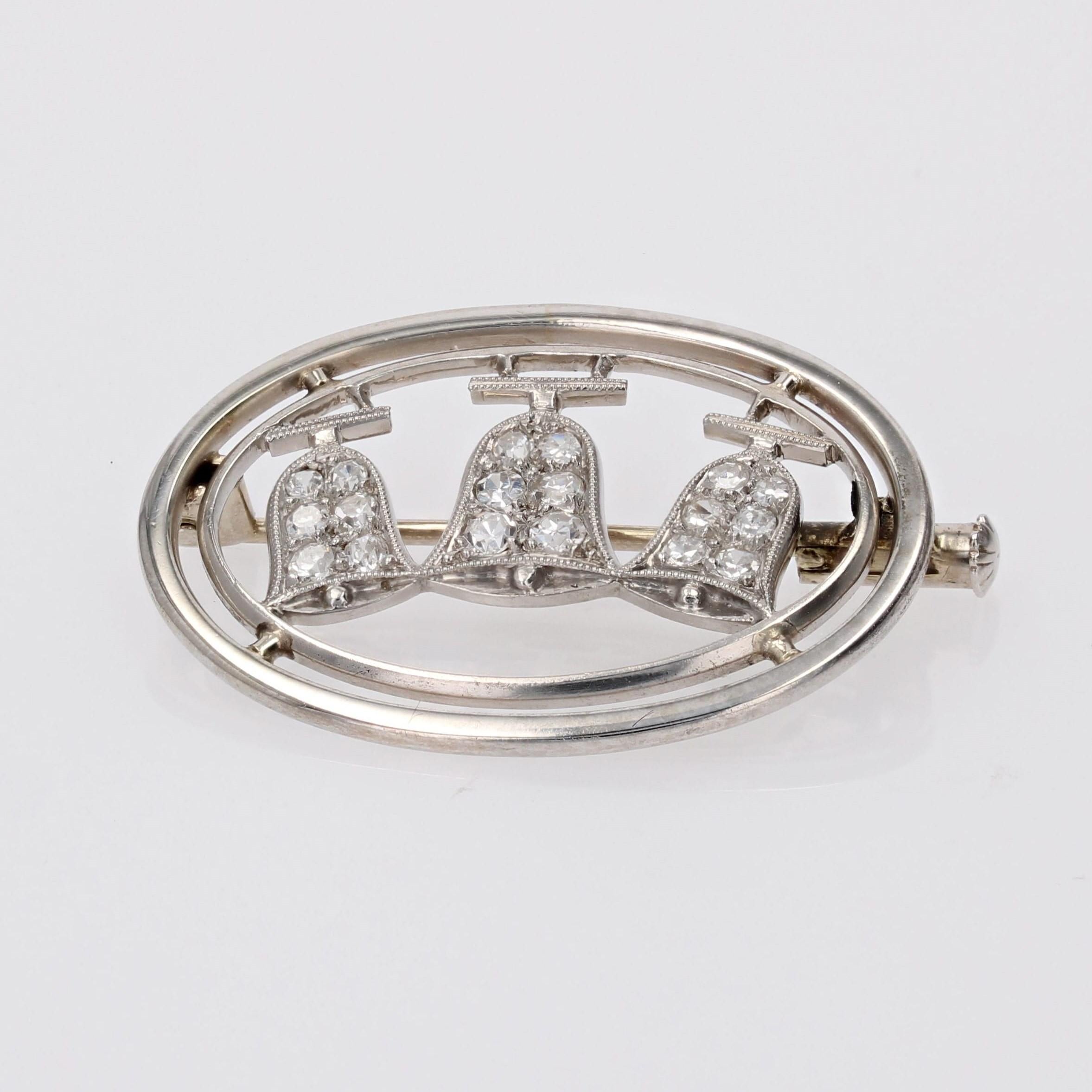1930s Diamonds 18 Karat White Gold Bells Oval Brooch For Sale 6