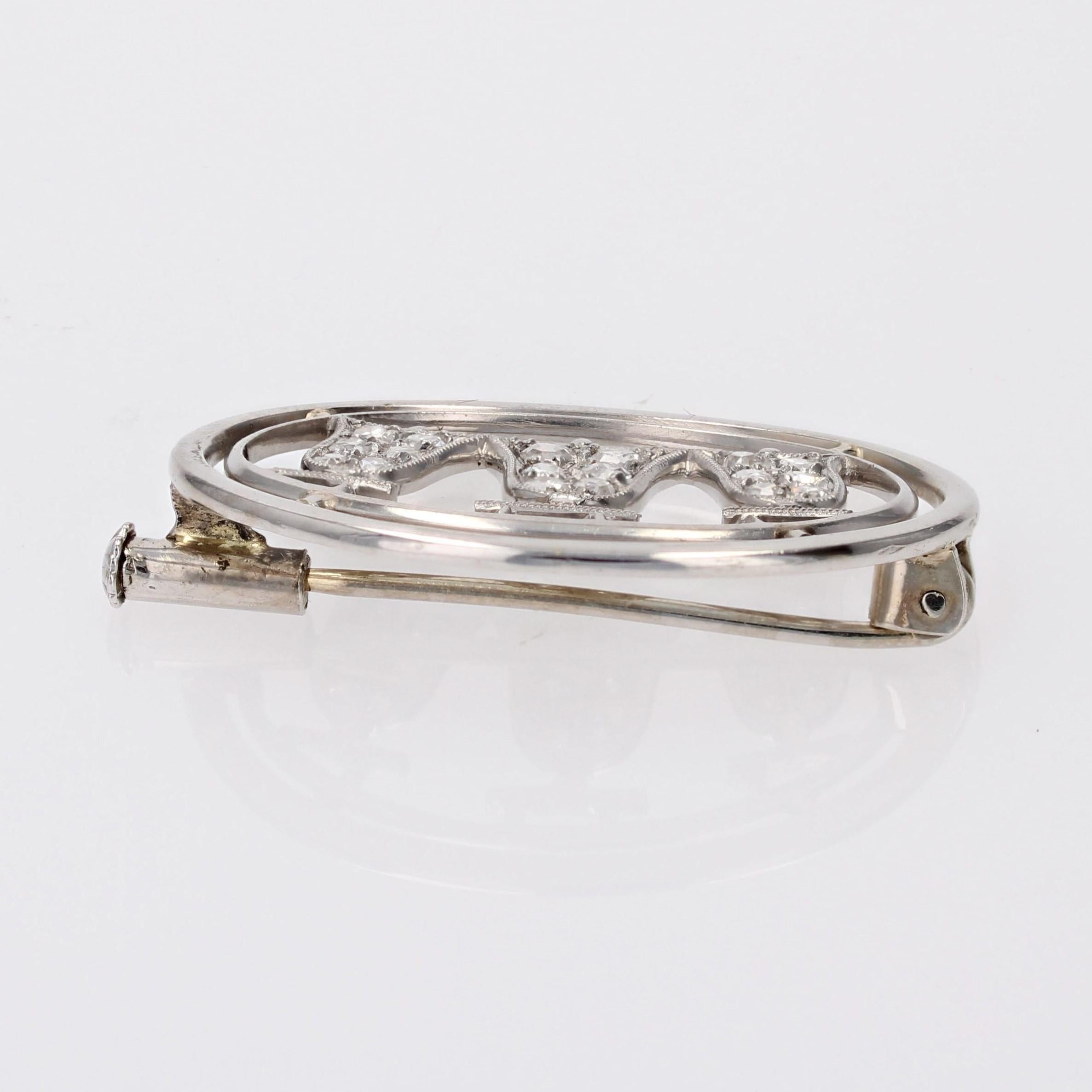 1930s Diamonds 18 Karat White Gold Bells Oval Brooch For Sale 7