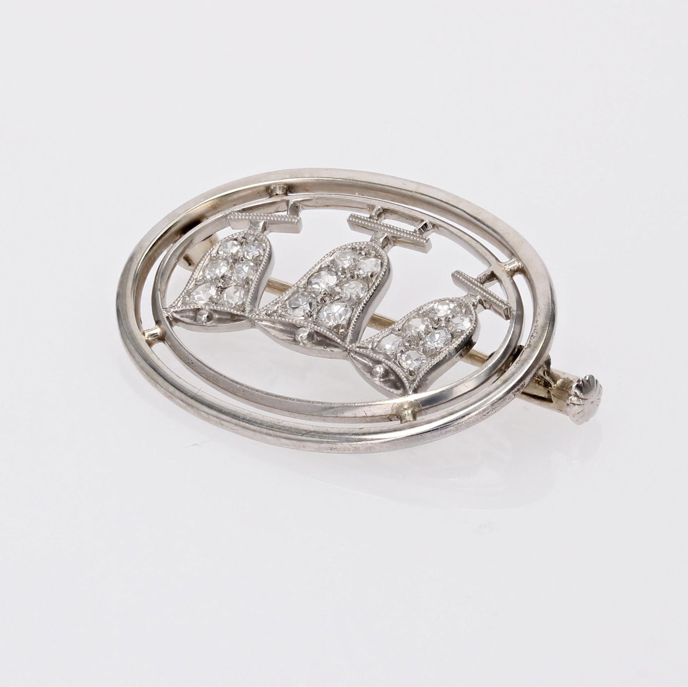 Art Deco 1930s Diamonds 18 Karat White Gold Bells Oval Brooch For Sale